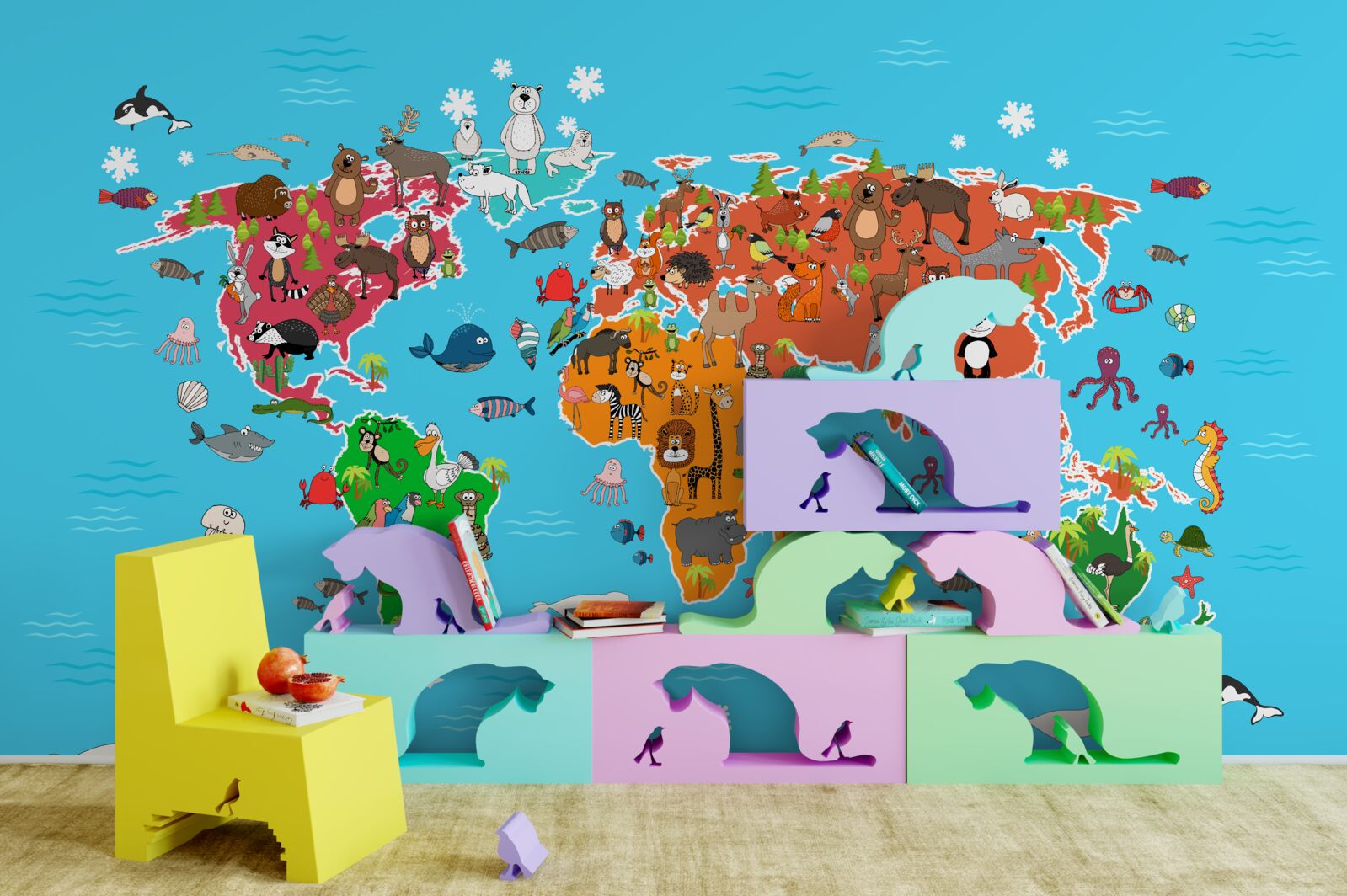 Fototapeta veľké množstvo zvierat na mape sveta so živými detailmi