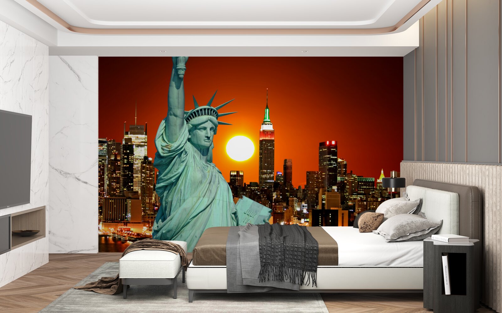 Fototapeta západ slnka osvetľuje sochu slobody
