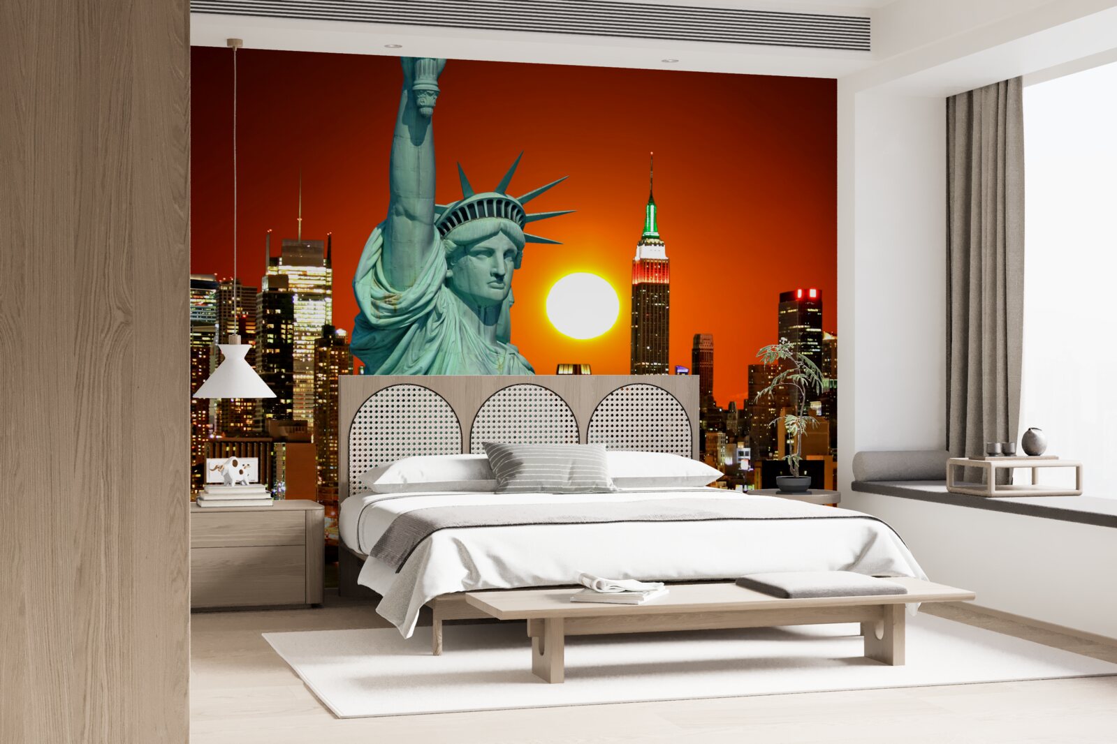 Fototapeta západ slnka osvetľuje sochu slobody