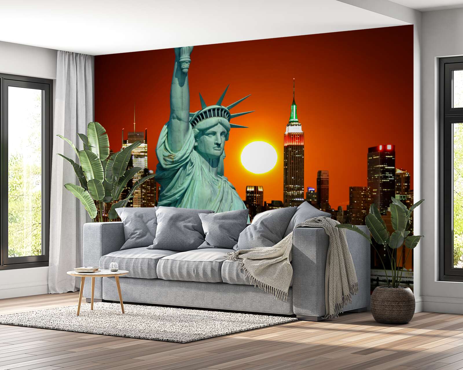 Fototapeta západ slnka osvetľuje sochu slobody