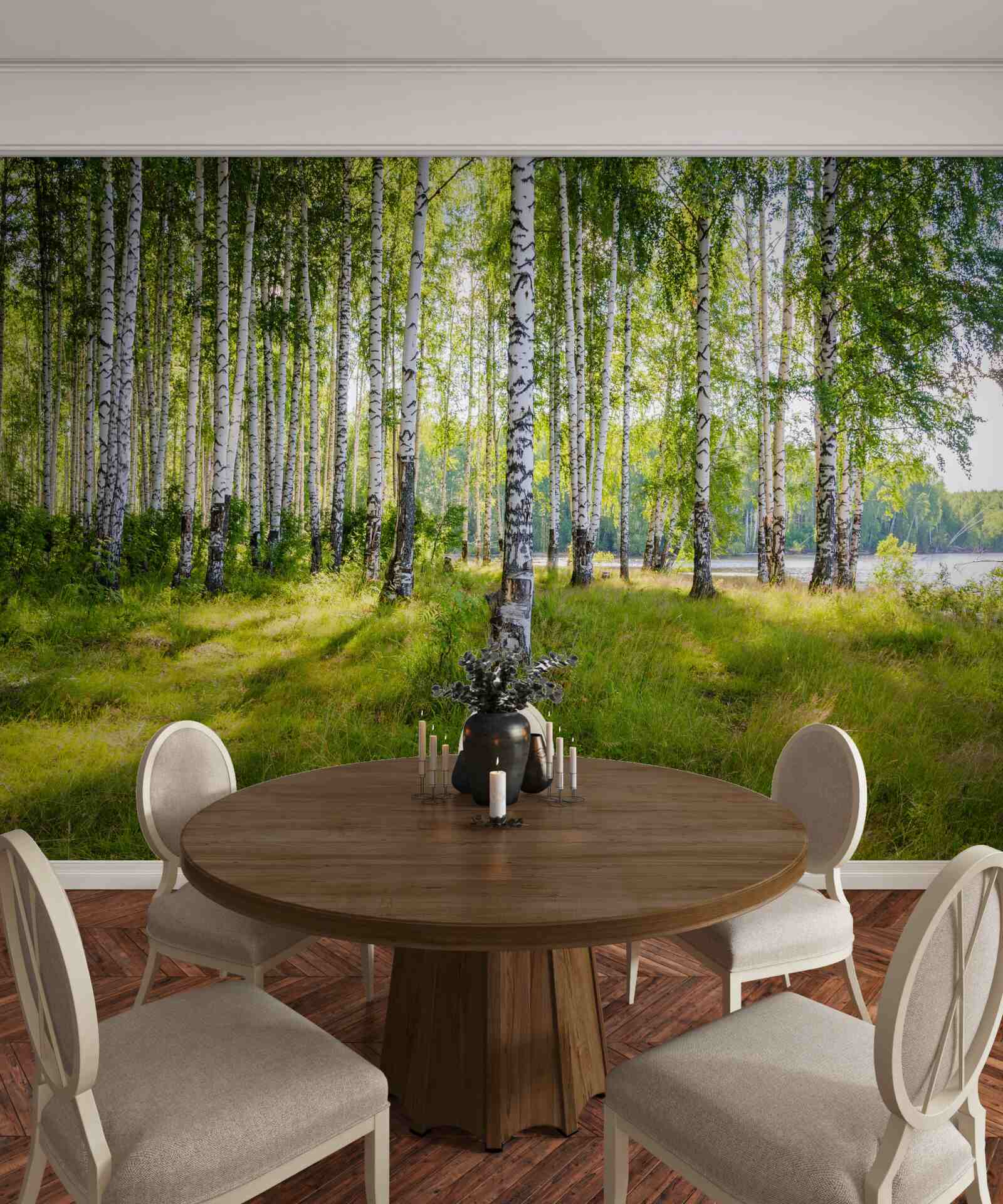 Fototapeta Svitanie v zelenej brezovej húštine