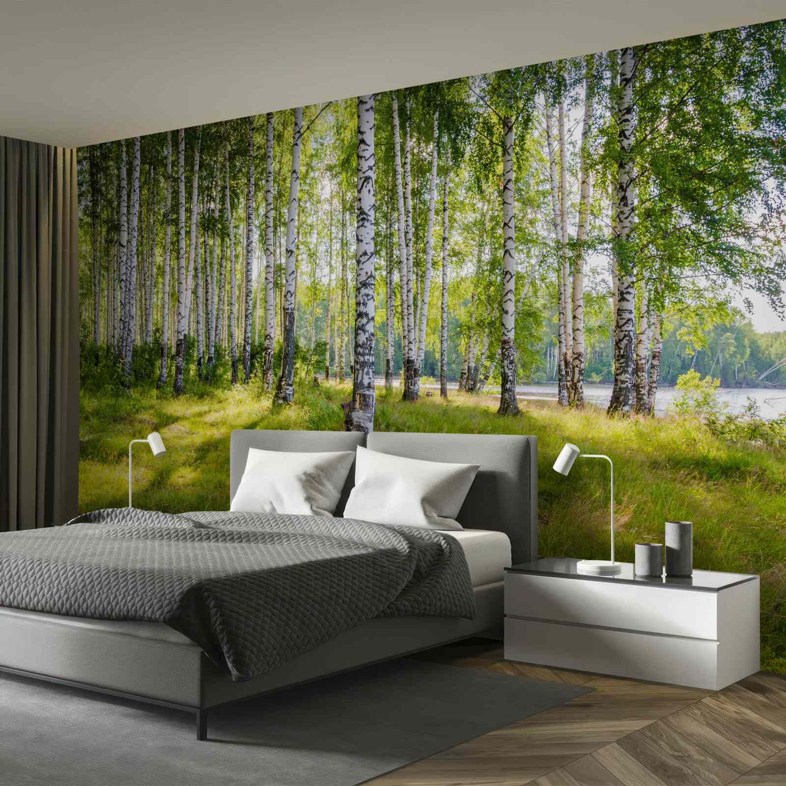 Fototapeta Svitanie v zelenej brezovej húštine