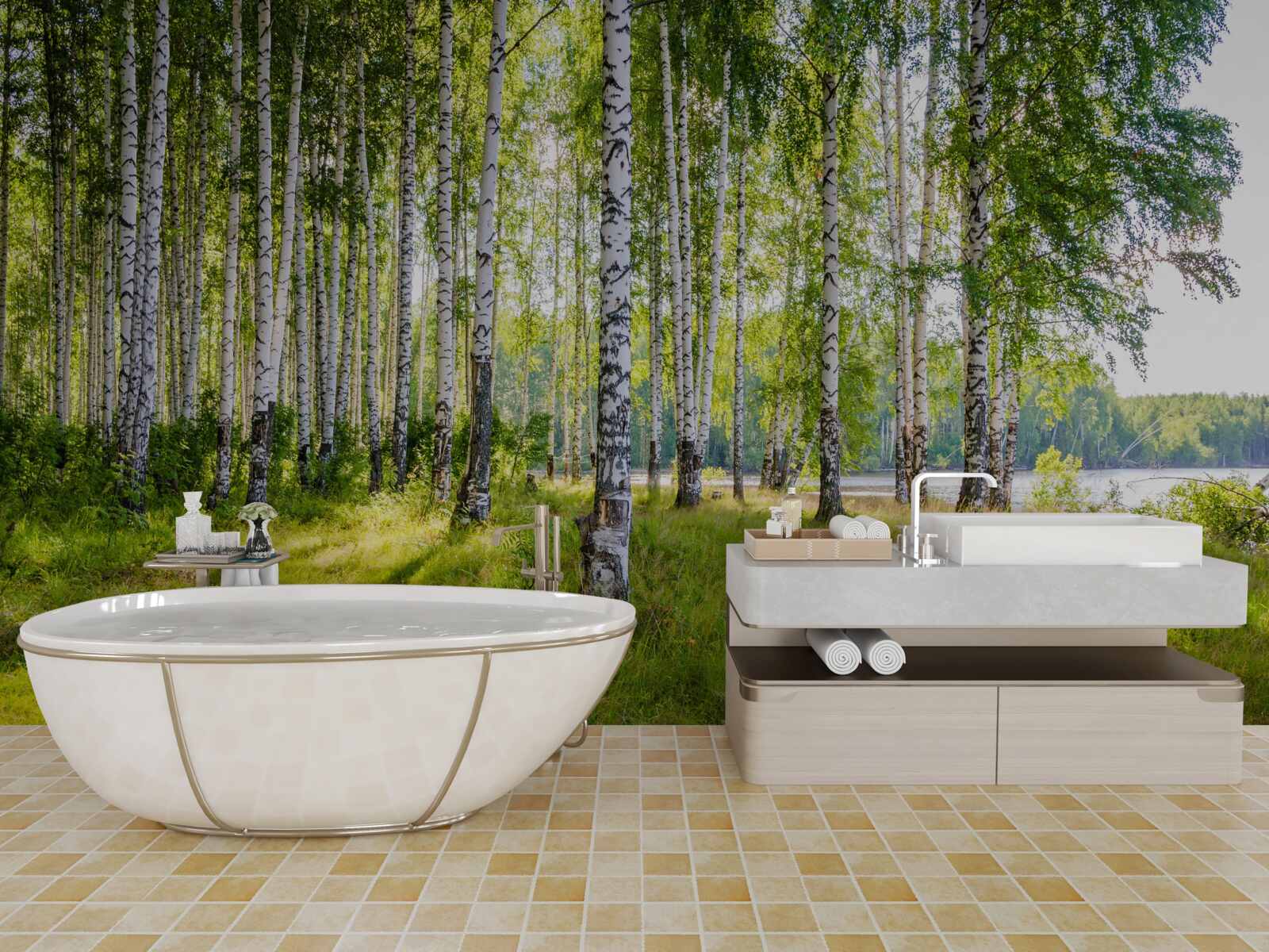 Fototapeta Svitanie v zelenej brezovej húštine