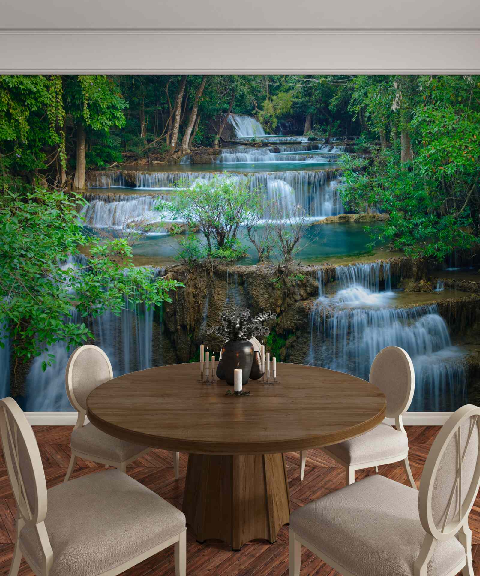 Fototapeta vodopády padajúce majestátne do potokov v lese vytvárajú kaskádu