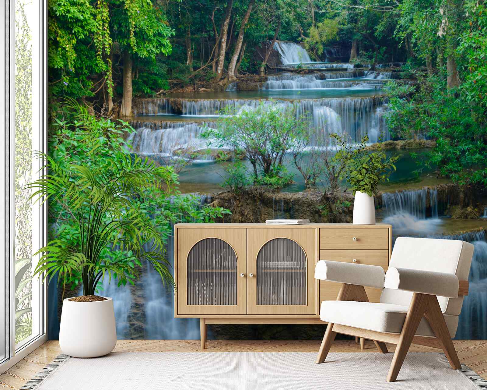 Fototapeta vodopády padajúce majestátne do potokov v lese vytvárajú kaskádu