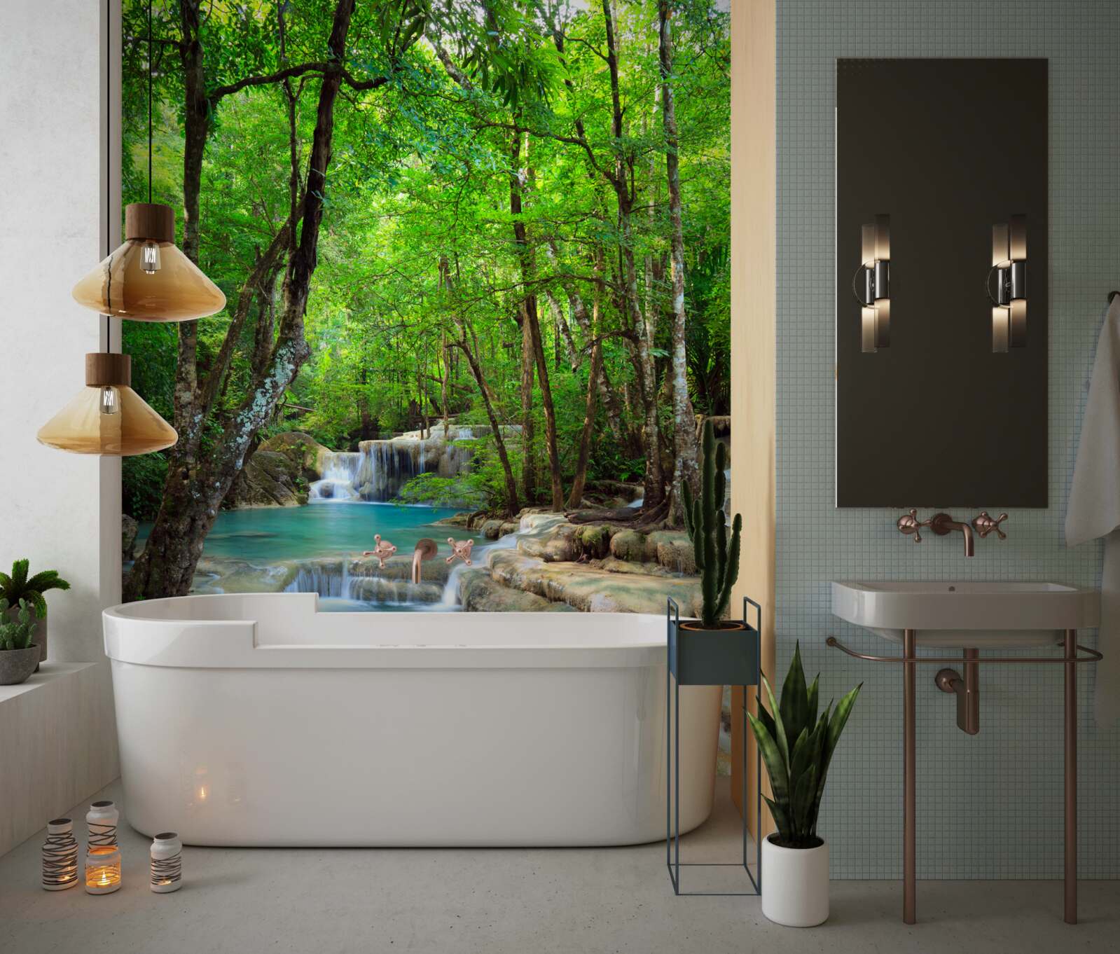 Fototapeta vodopád s prúdmi krištáľovo čistej vody stekajúcimi dole