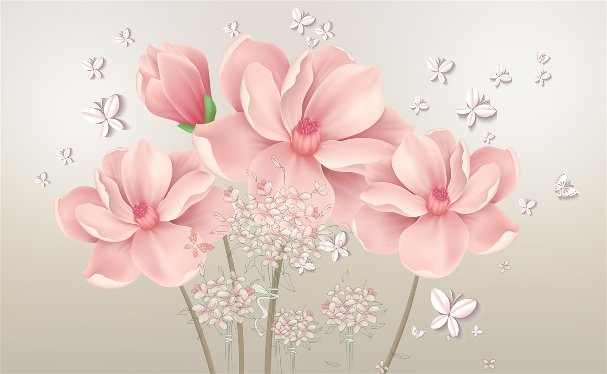 Fototapeta biele motýle a ružové kvety