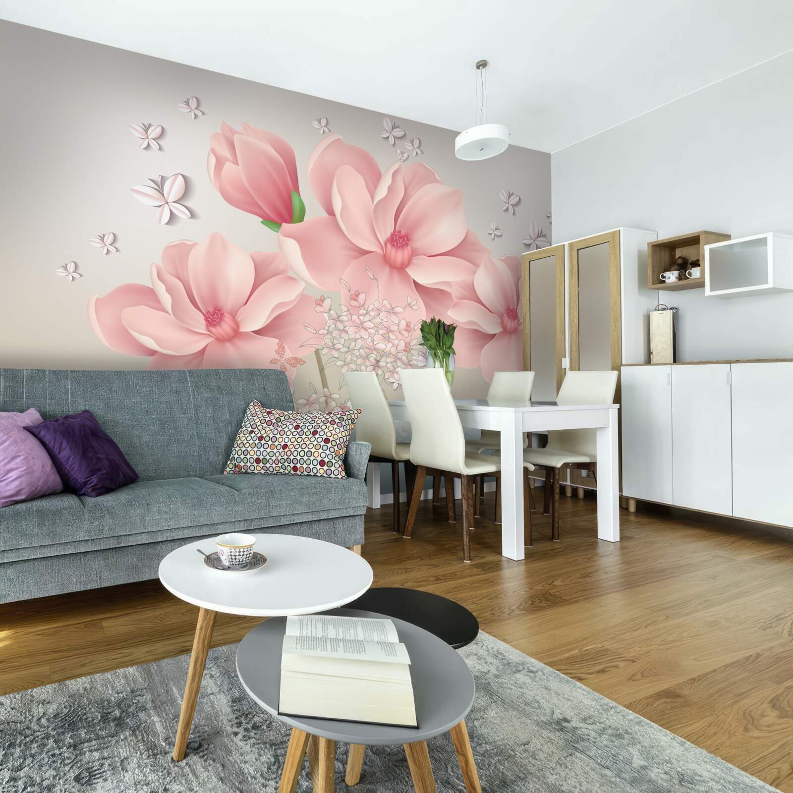 Fototapeta biele motýle a ružové kvety