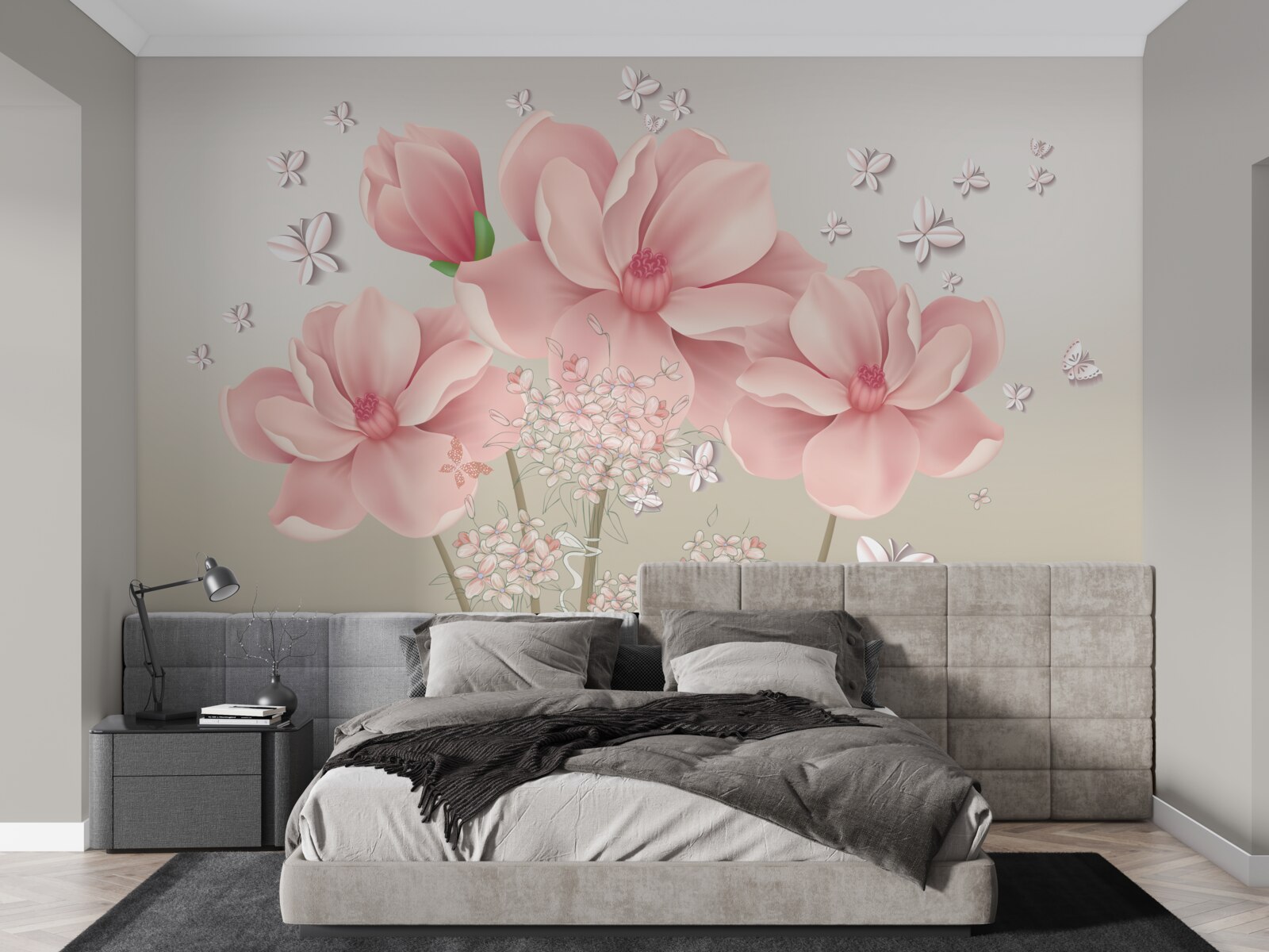 Fototapeta biele motýle a ružové kvety