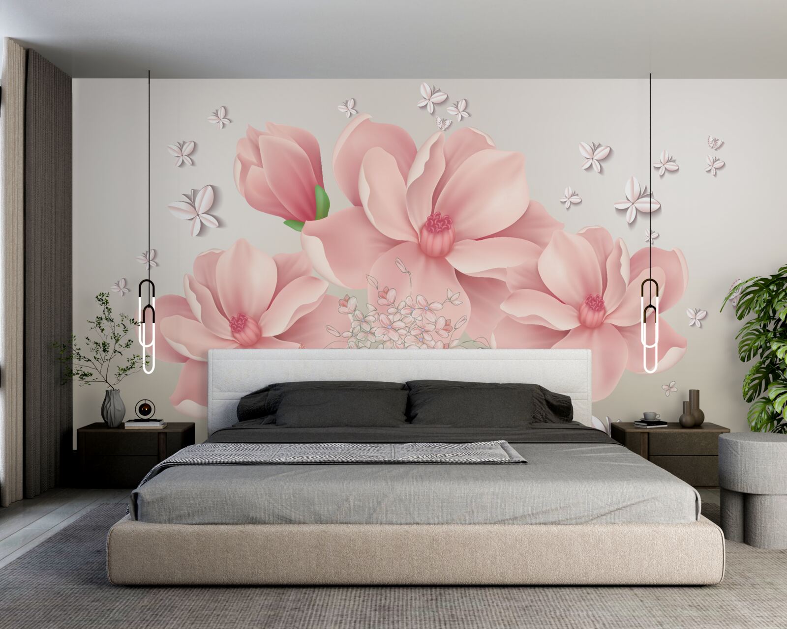 Fototapeta biele motýle a ružové kvety