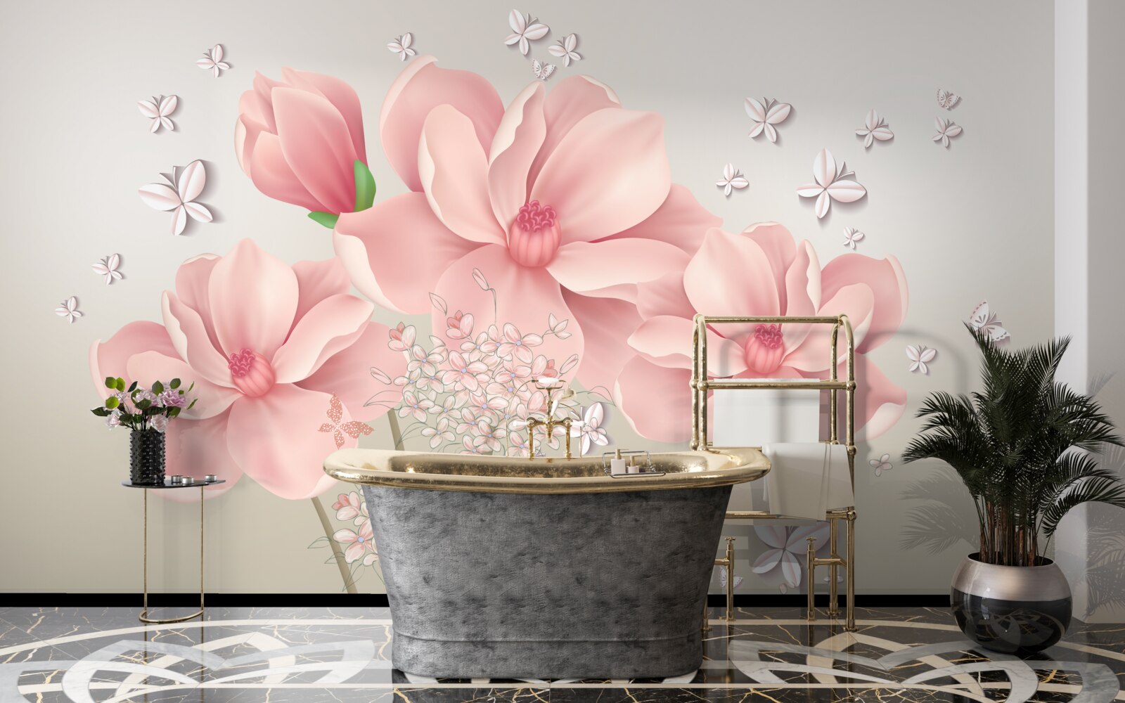 Fototapeta biele motýle a ružové kvety