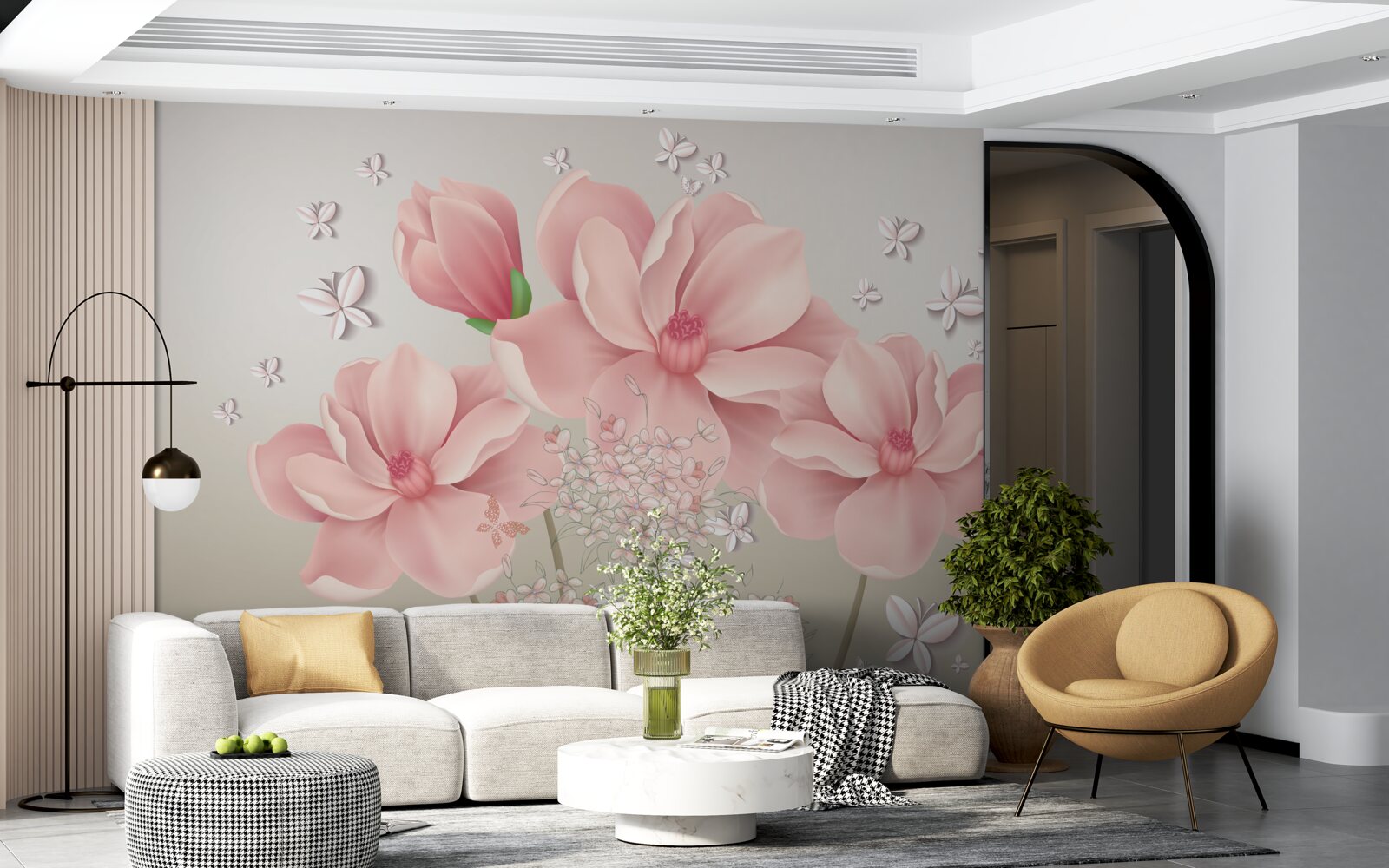 Fototapeta biele motýle a ružové kvety