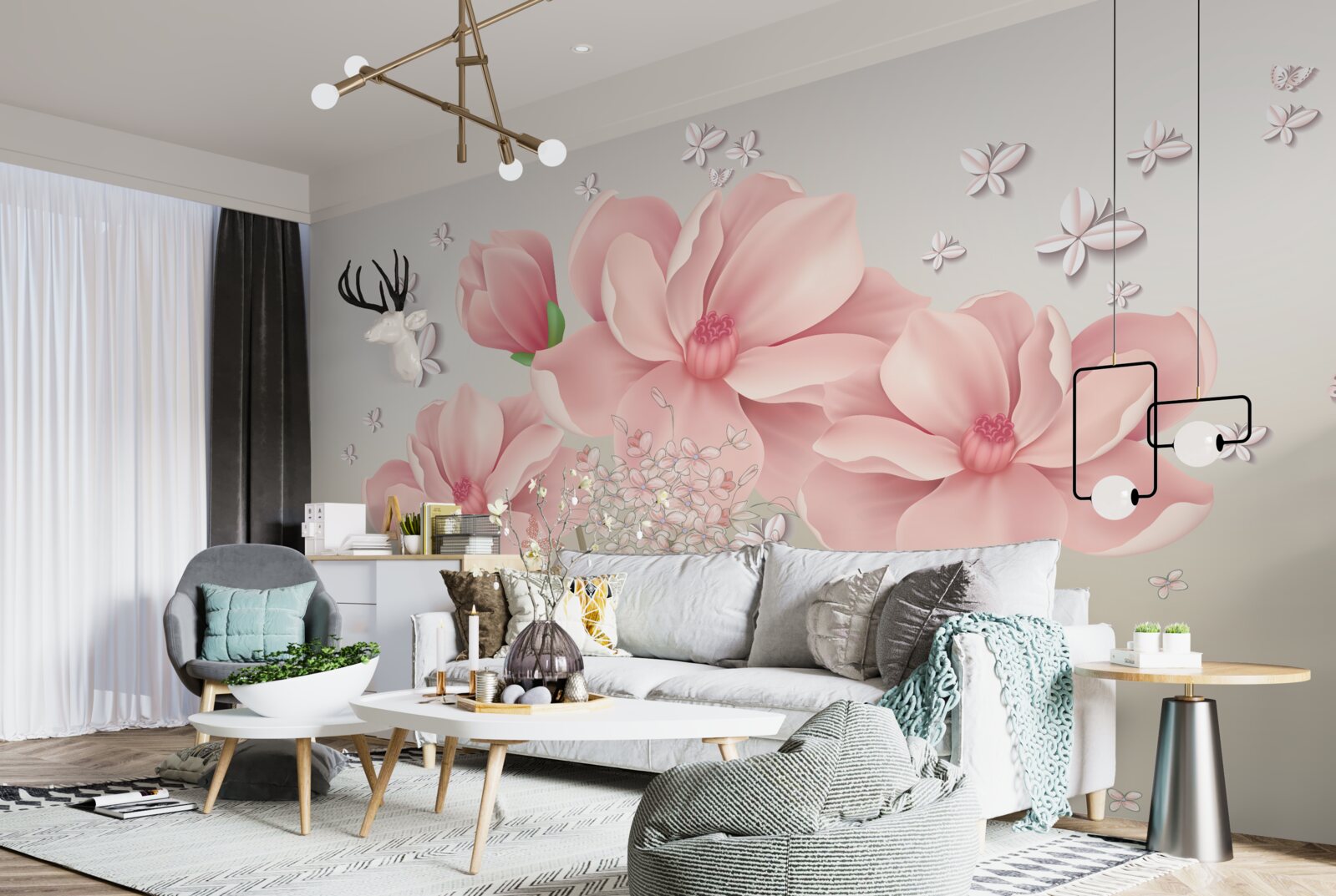 Fototapeta biele motýle a ružové kvety