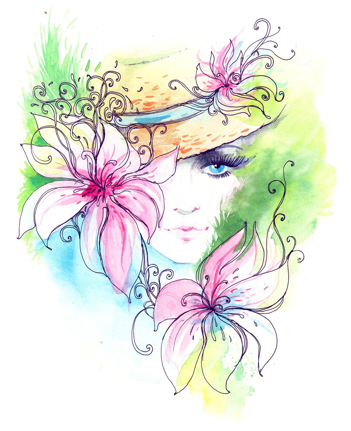 Fototapeta portrét dievčaťa a kvetov zobrazených na obraze