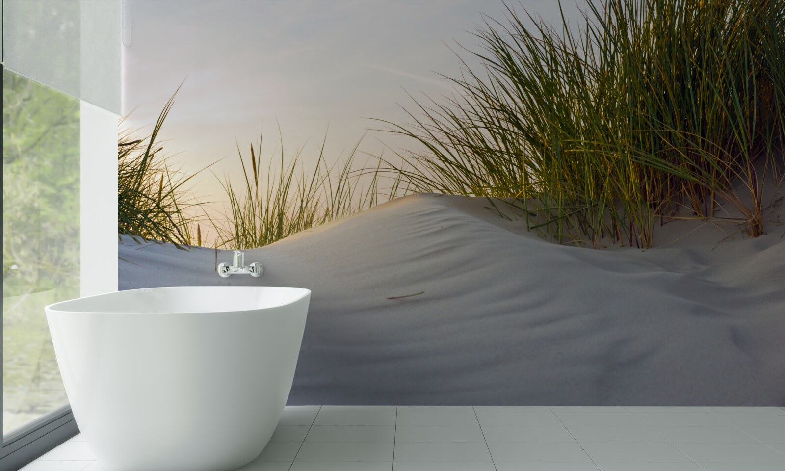 Fototapeta plážový piesok obklopený zeleňou pri východe slnka