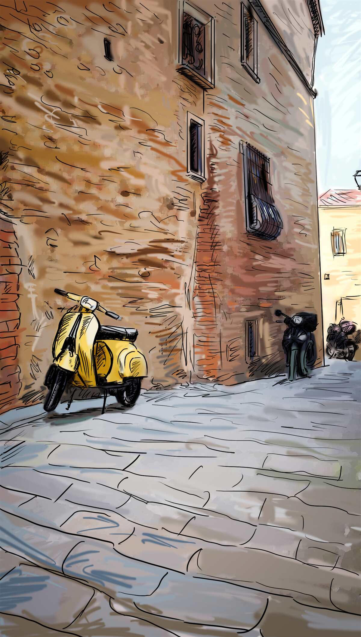 Fototapeta starodávna dláždená ulica a skúter