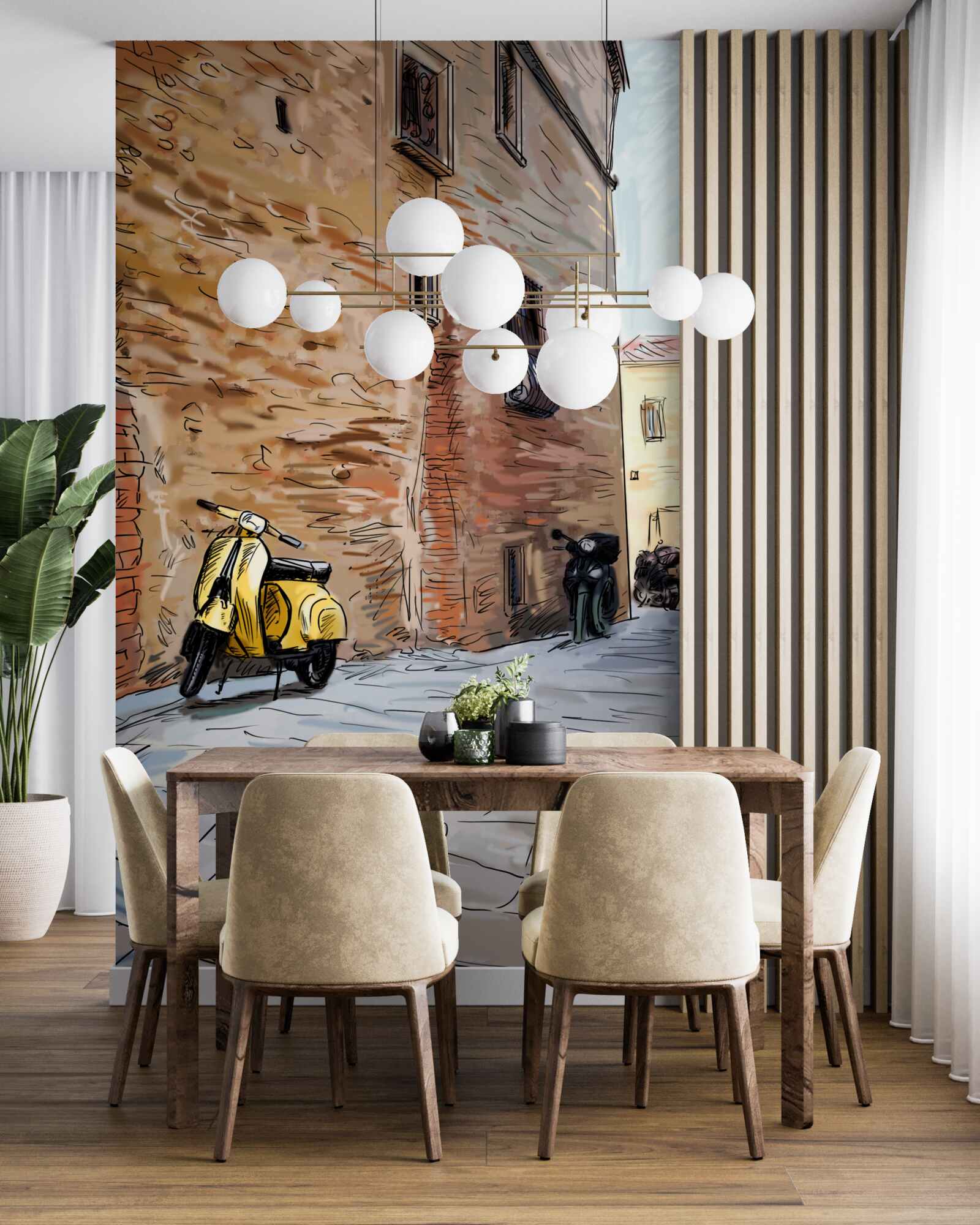 Fototapeta starodávna dláždená ulica a skúter