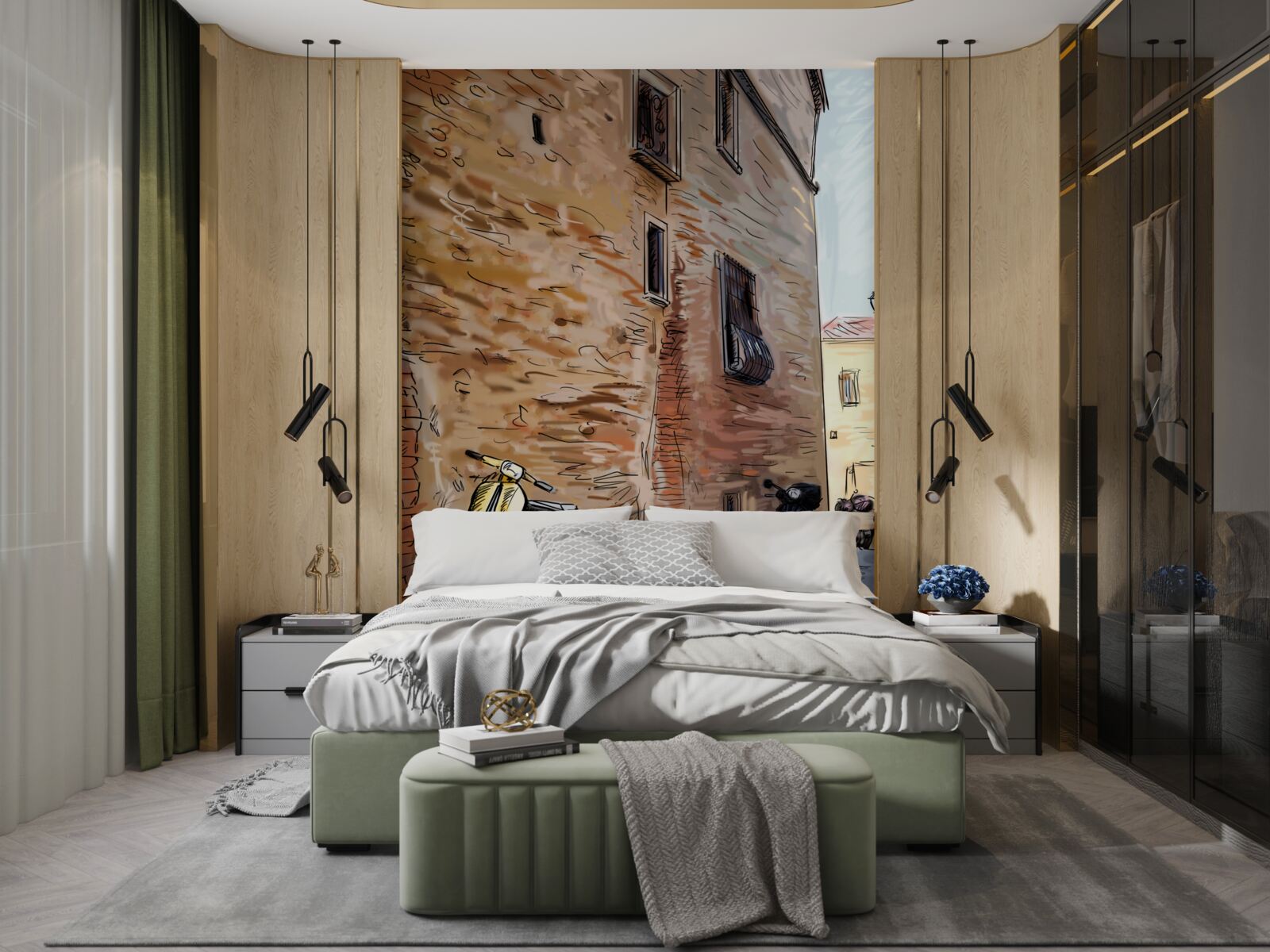 Fototapeta starodávna dláždená ulica a skúter