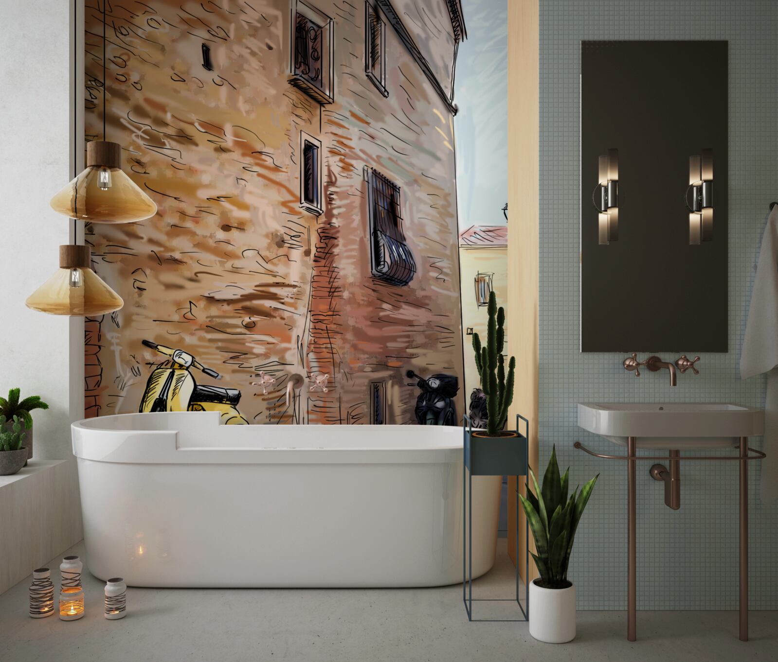 Fototapeta starodávna dláždená ulica a skúter