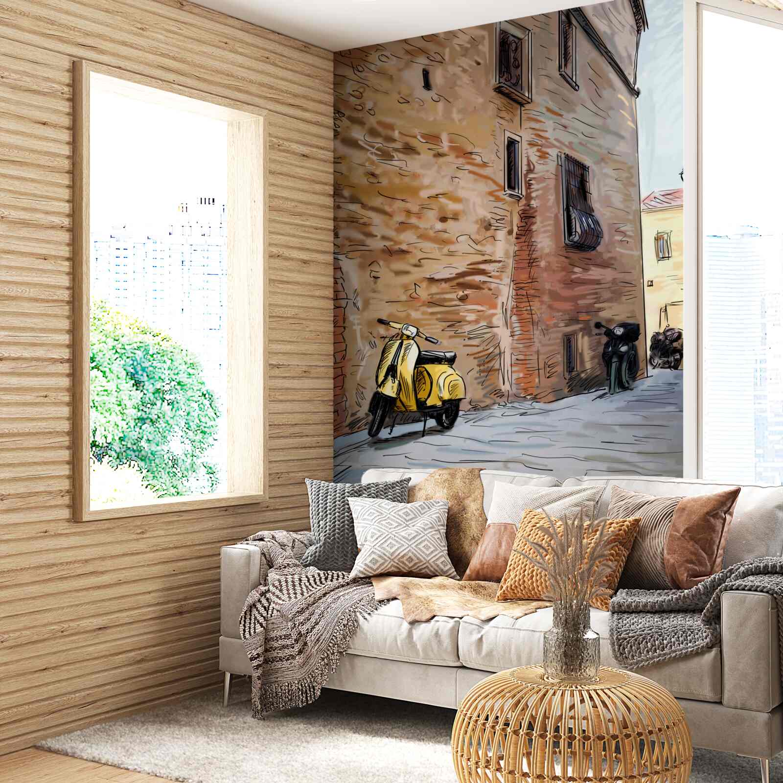 Fototapeta starodávna dláždená ulica a skúter