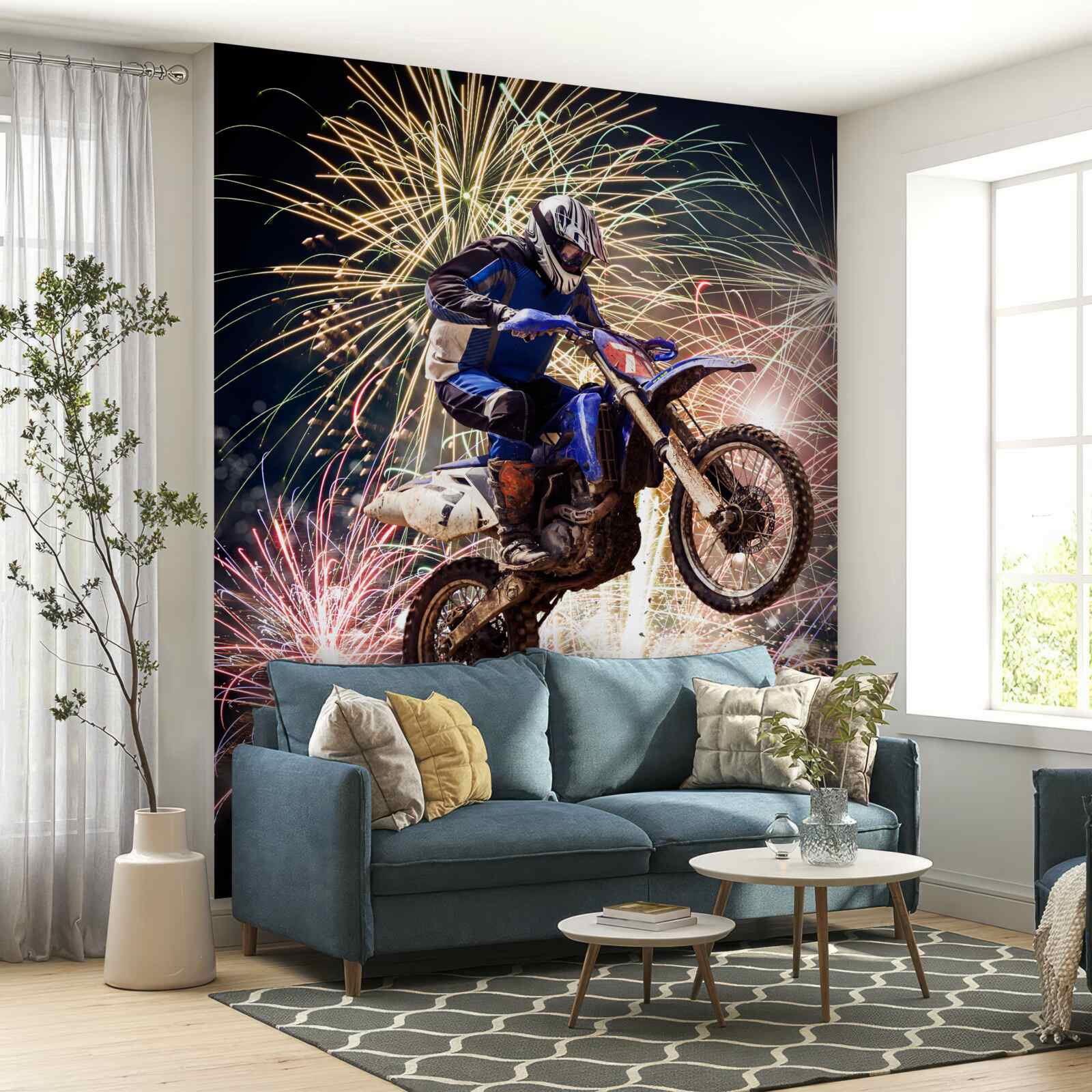 Fototapeta cyklista za ohňostrojom