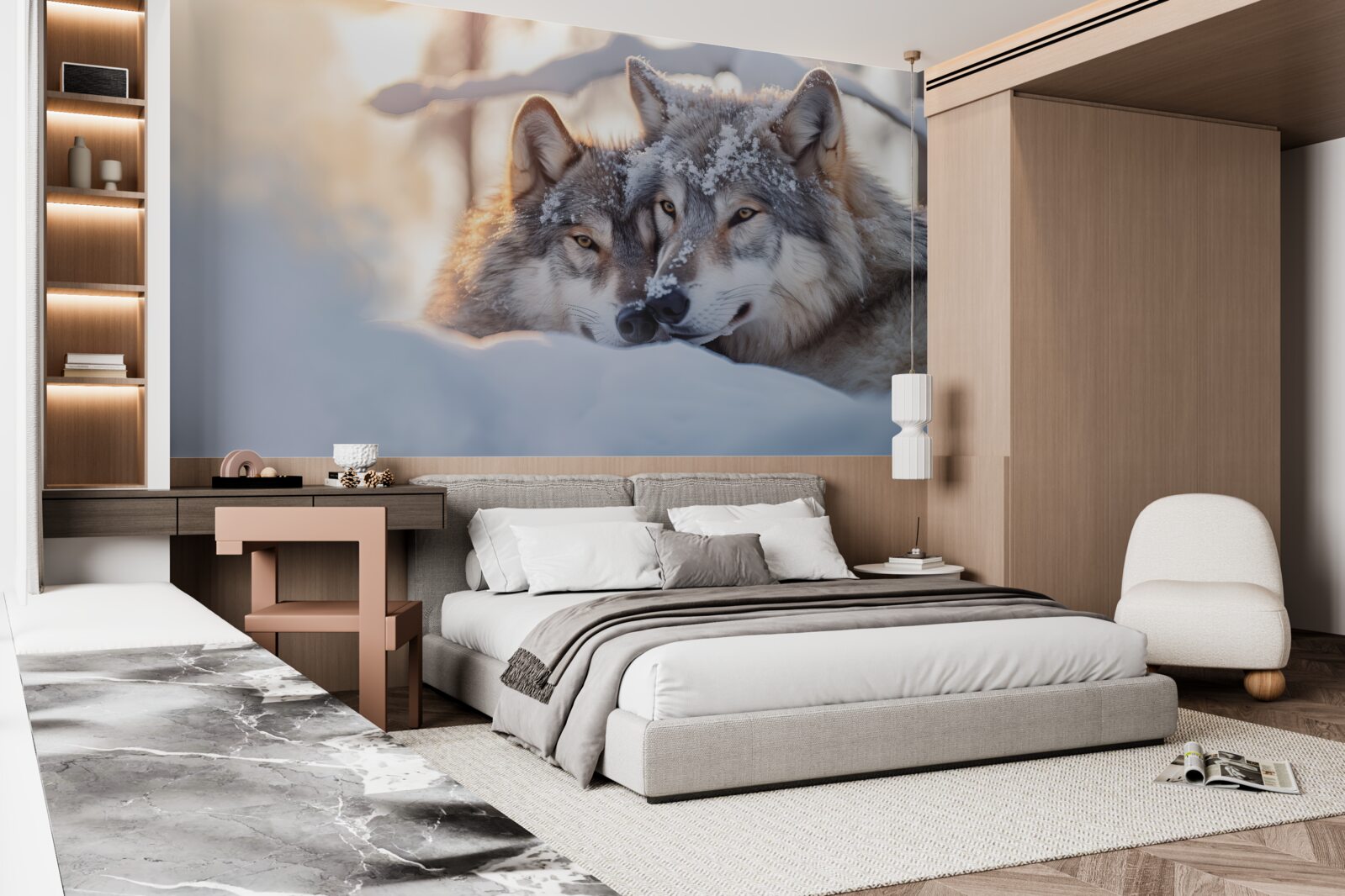 Fototapeta Snehobiele krajinky so sivými vlkmi vo vnútri