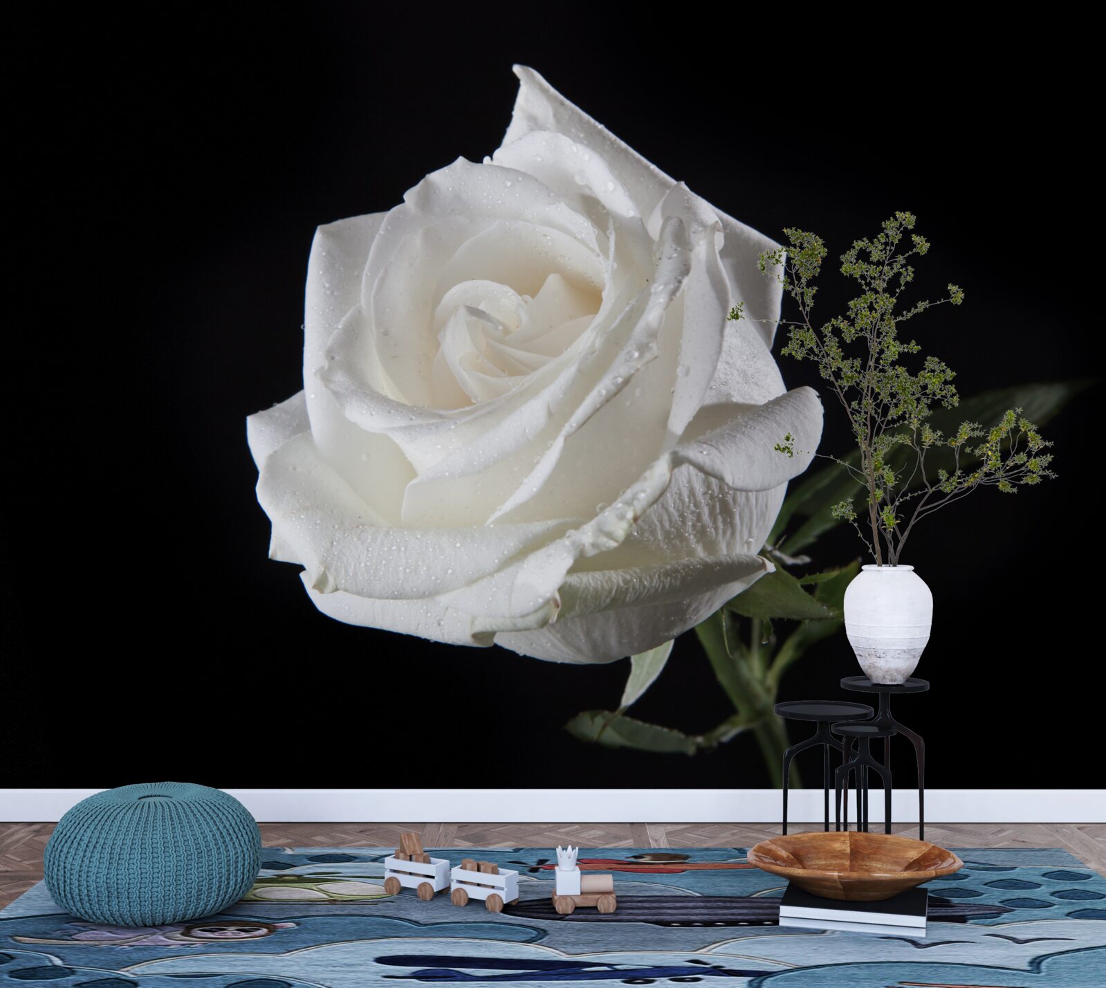 Fototapeta čierne pozadie zdôrazňuje bielu farbu ruže