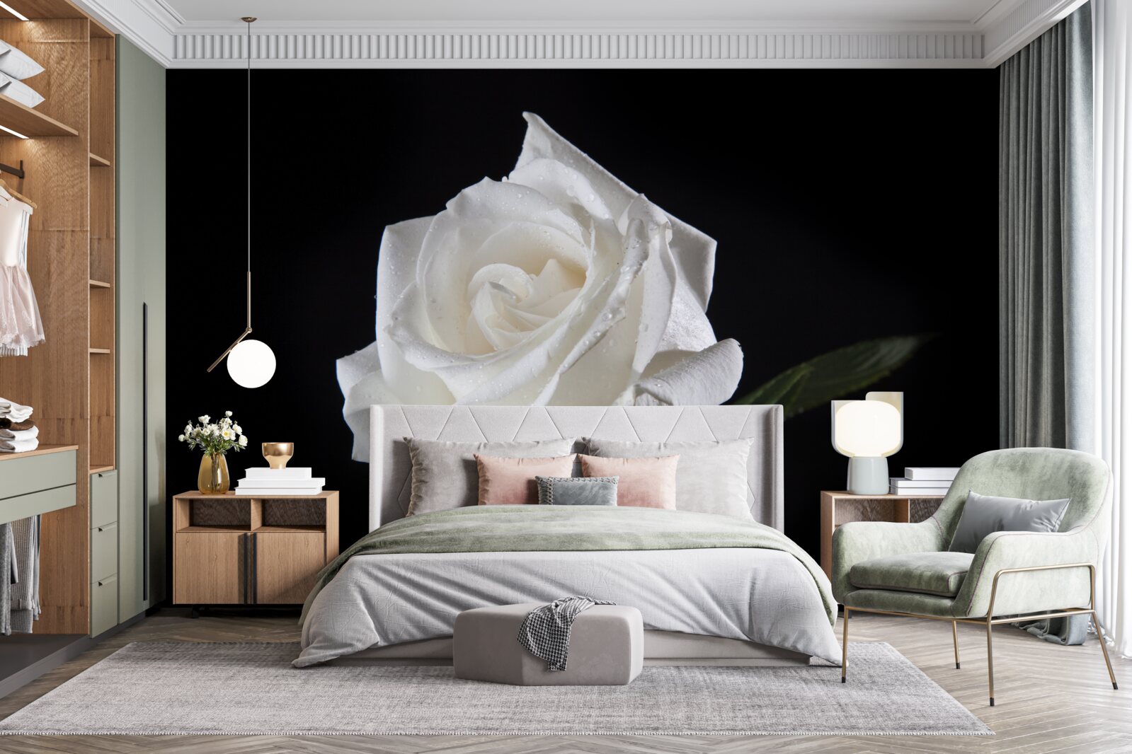 Fototapeta čierne pozadie zdôrazňuje bielu farbu ruže