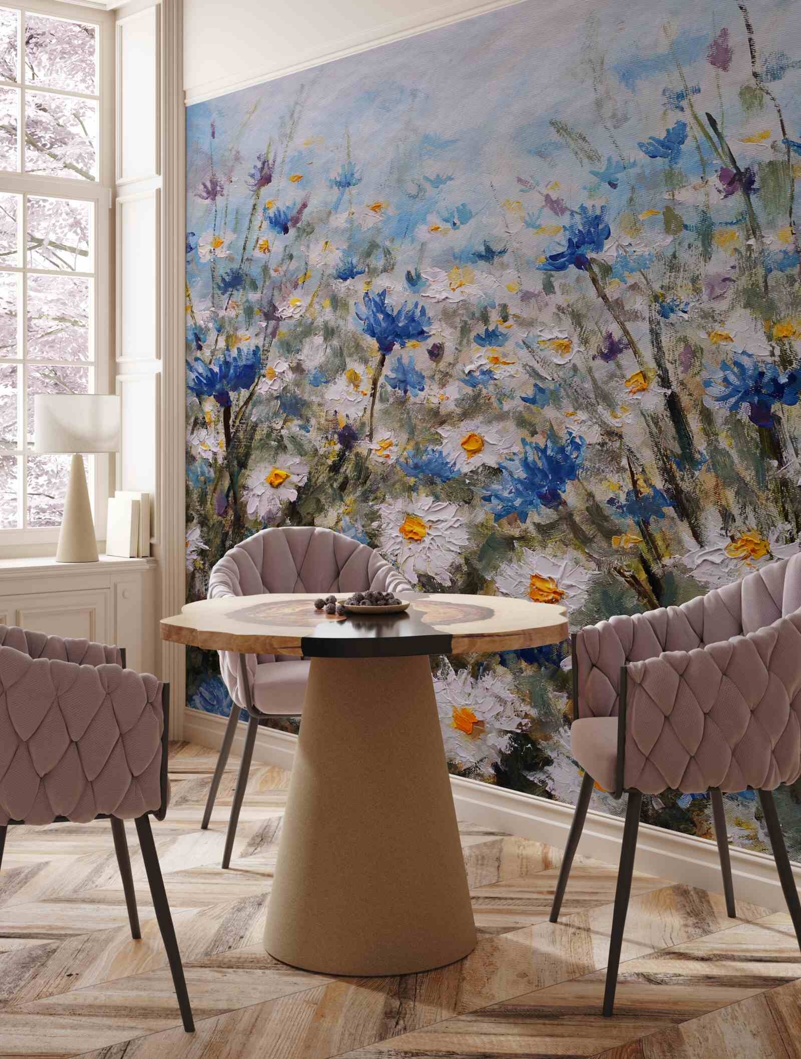 Fototapeta pastvina s dačou a modrými púčikmi