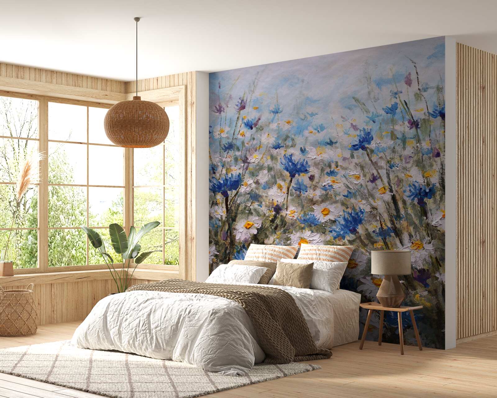 Fototapeta pastvina s dačou a modrými púčikmi