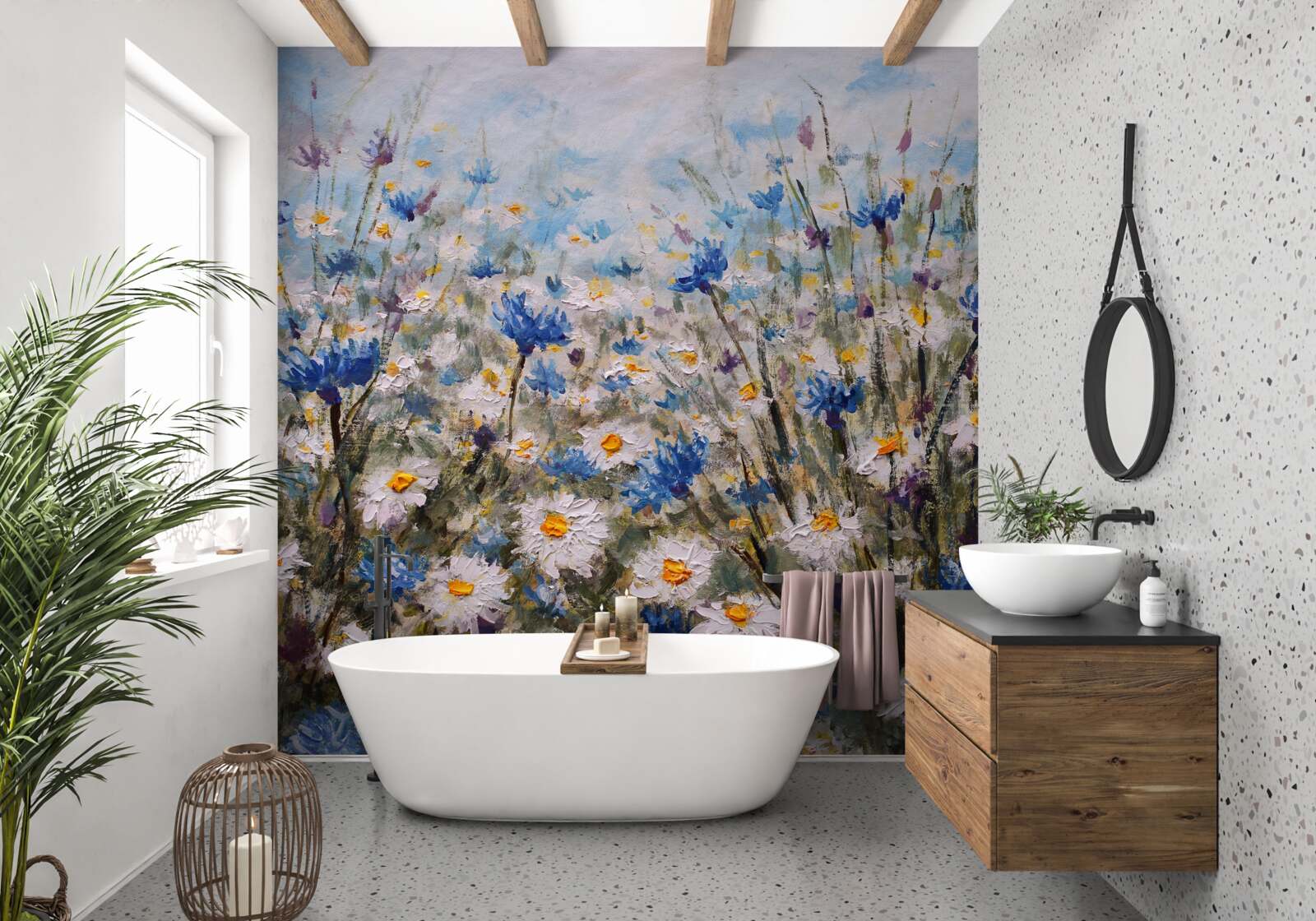 Fototapeta pastvina s dačou a modrými púčikmi