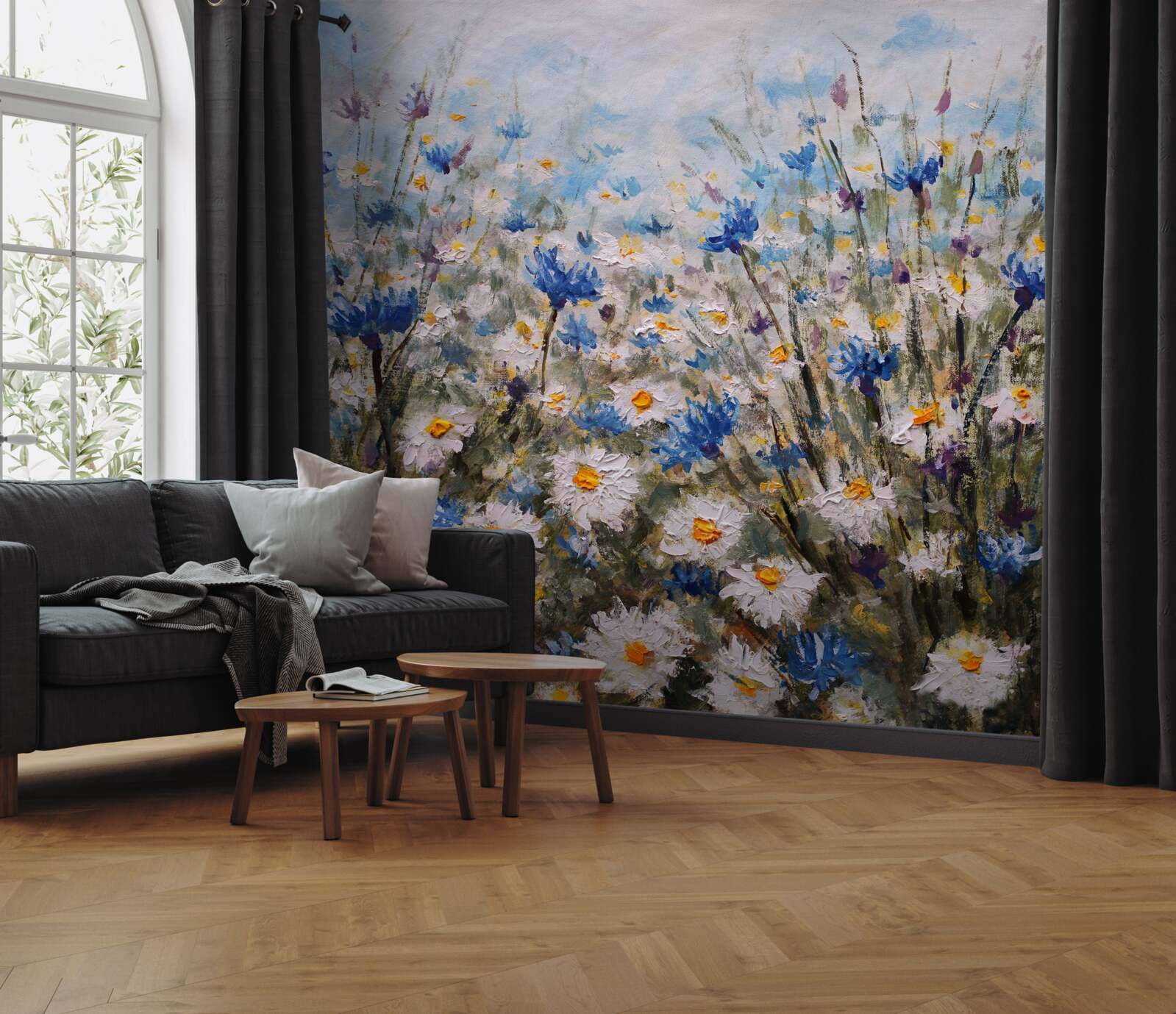 Fototapeta pastvina s dačou a modrými púčikmi