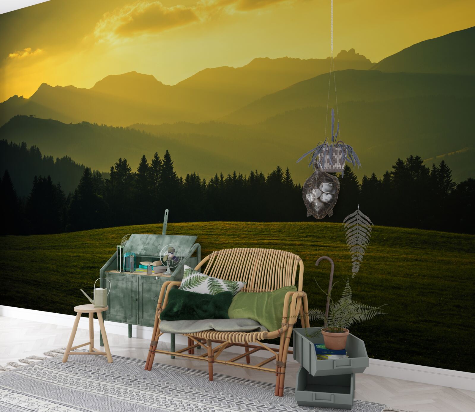 Fototapeta úžasný žltý západ slnka v dymovom horskom lese