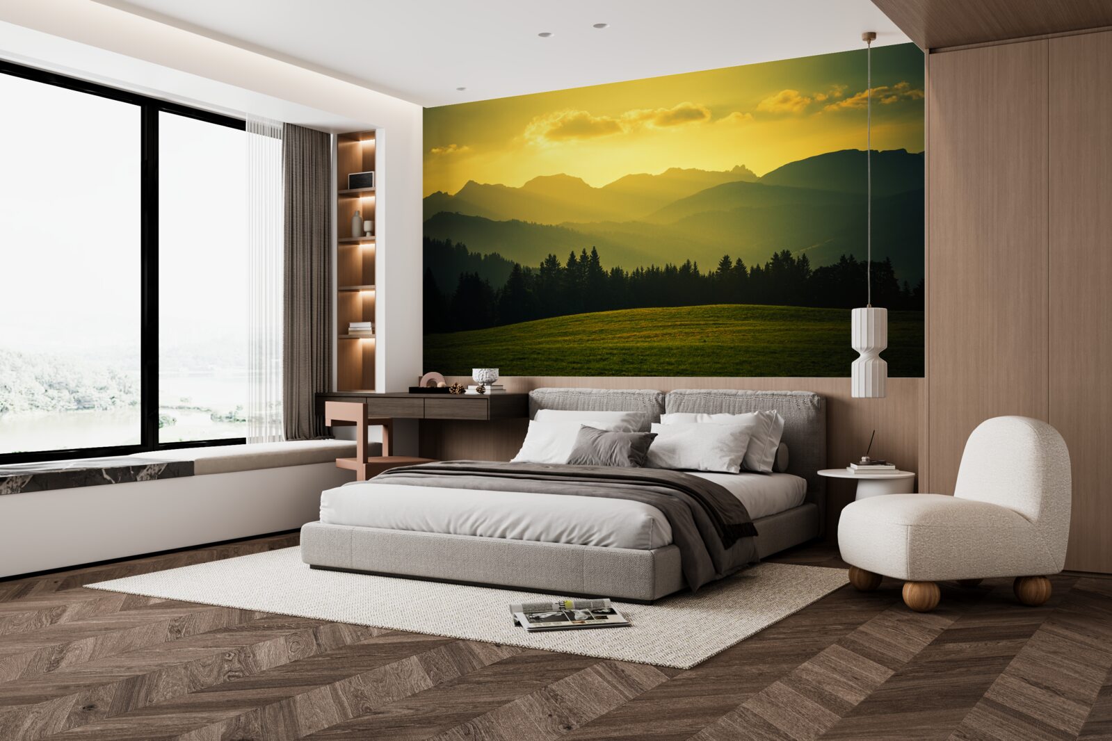 Fototapeta úžasný žltý západ slnka v dymovom horskom lese