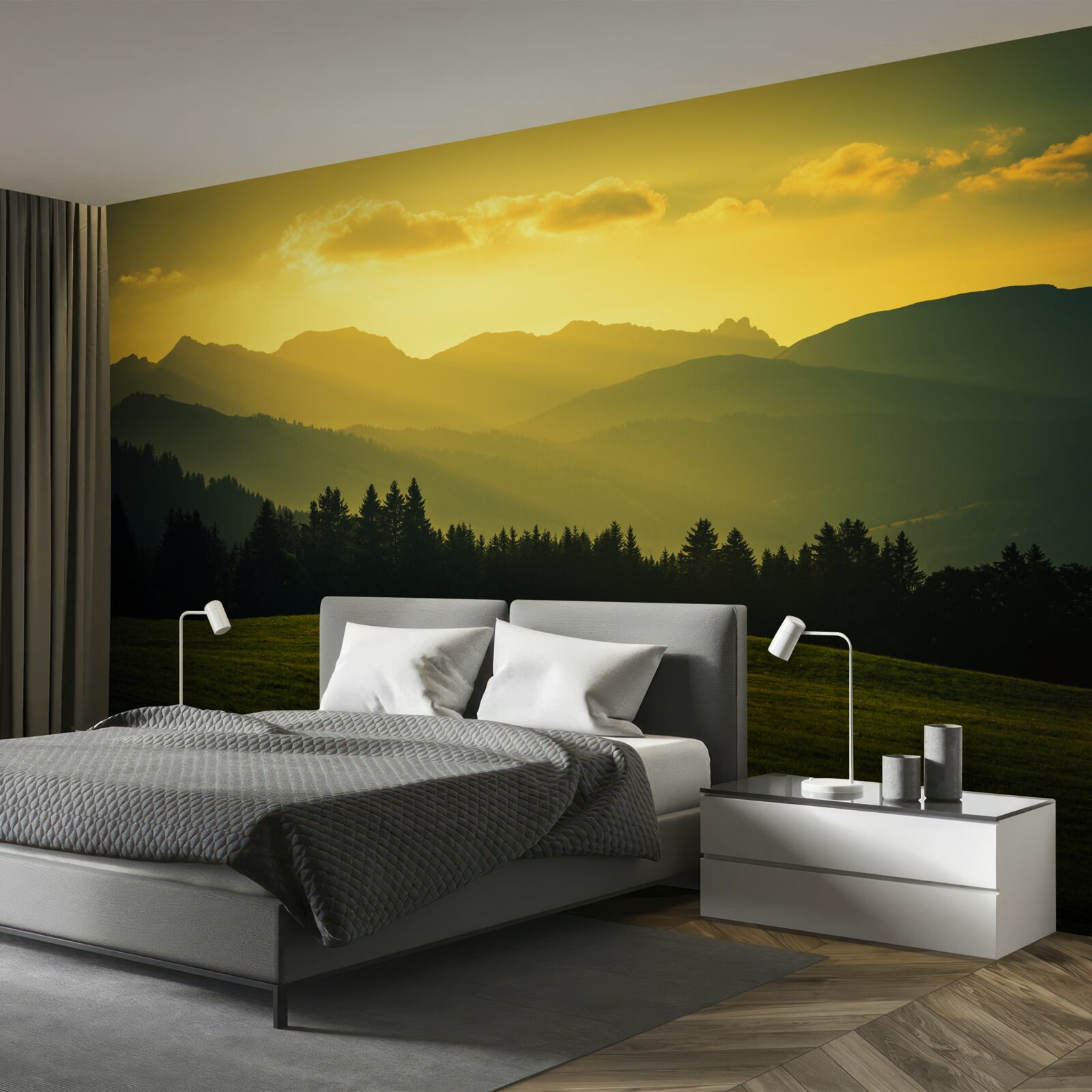 Fototapeta úžasný žltý západ slnka v dymovom horskom lese