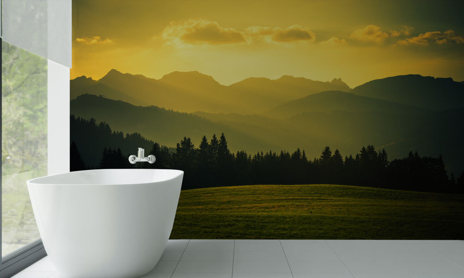 Fototapeta úžasný žltý západ slnka v dymovom horskom lese