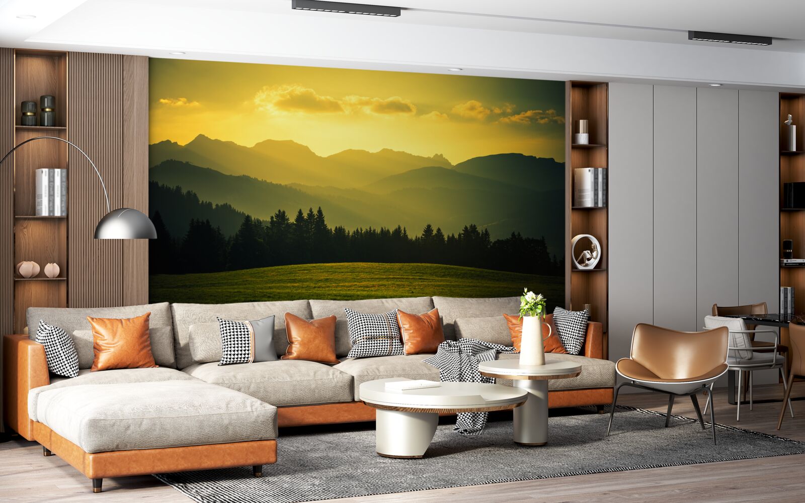 Fototapeta úžasný žltý západ slnka v dymovom horskom lese