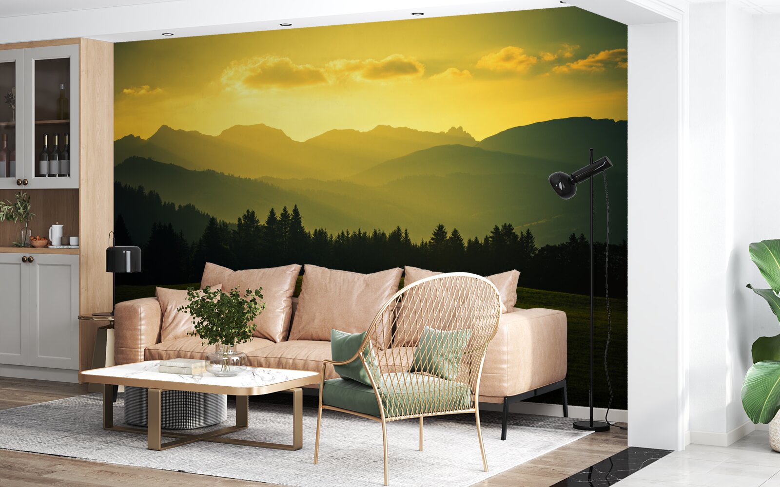 Fototapeta úžasný žltý západ slnka v dymovom horskom lese