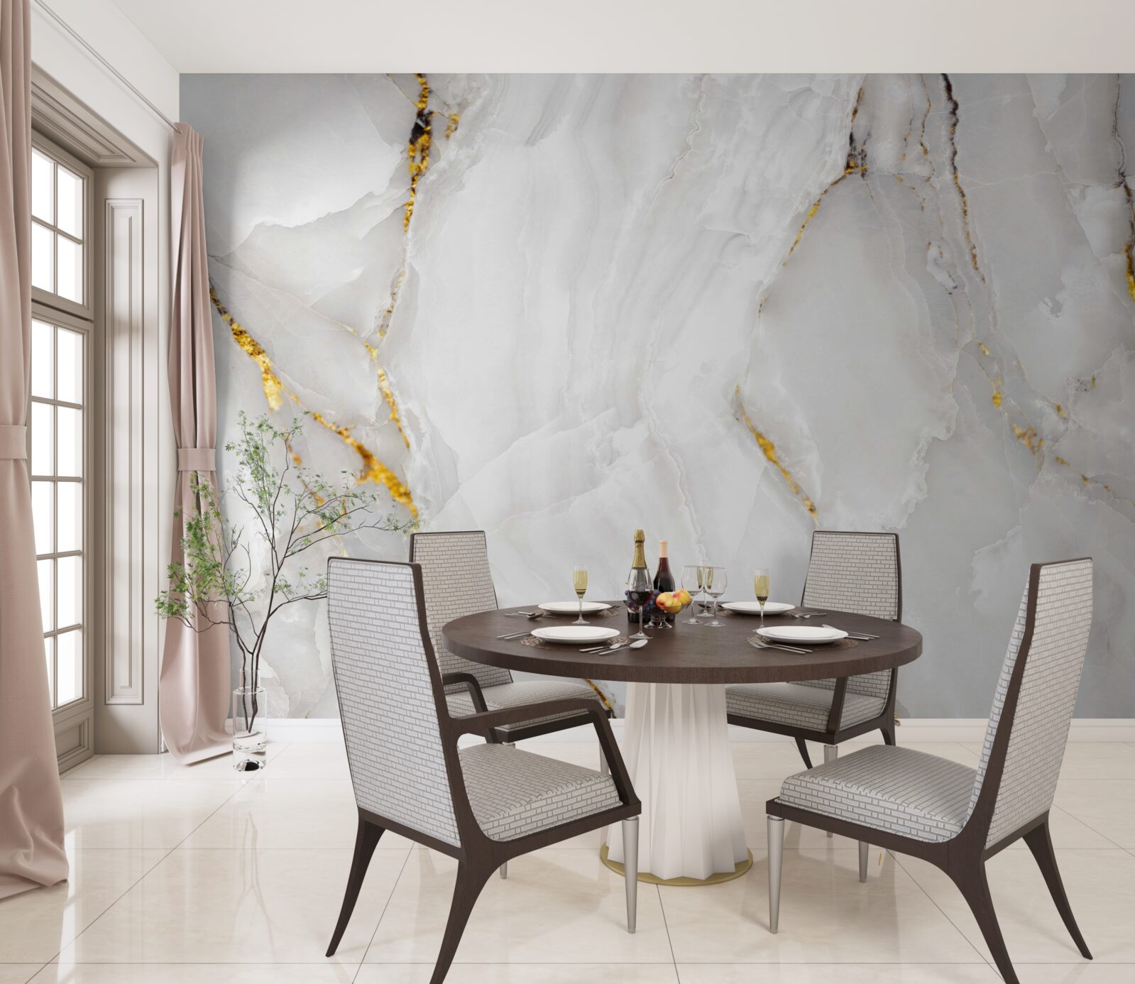 Fototapeta mramor v odtieňoch sivej a bielej so zlatými prvkami