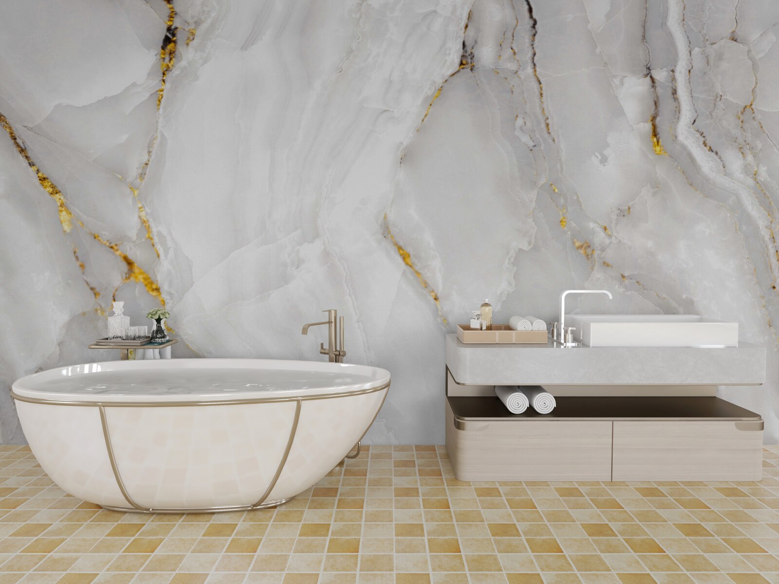 Fototapeta mramor v odtieňoch sivej a bielej so zlatými prvkami