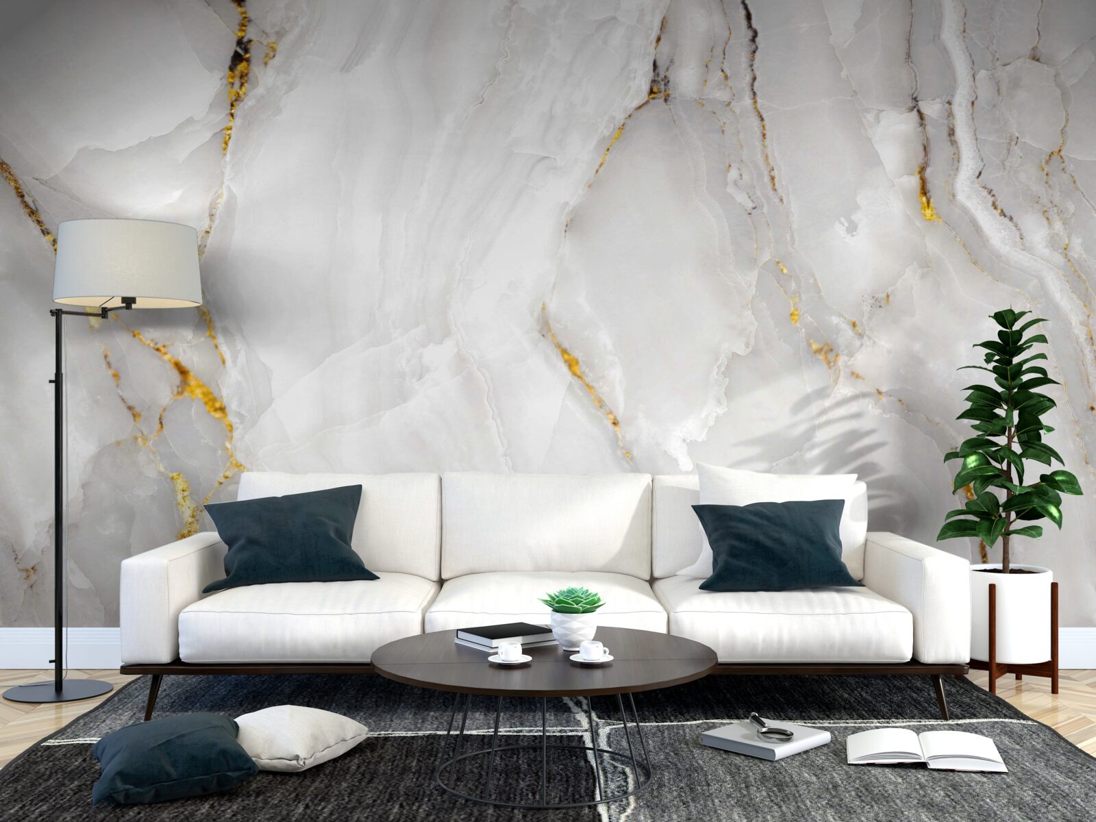 Fototapeta mramor v odtieňoch sivej a bielej so zlatými prvkami