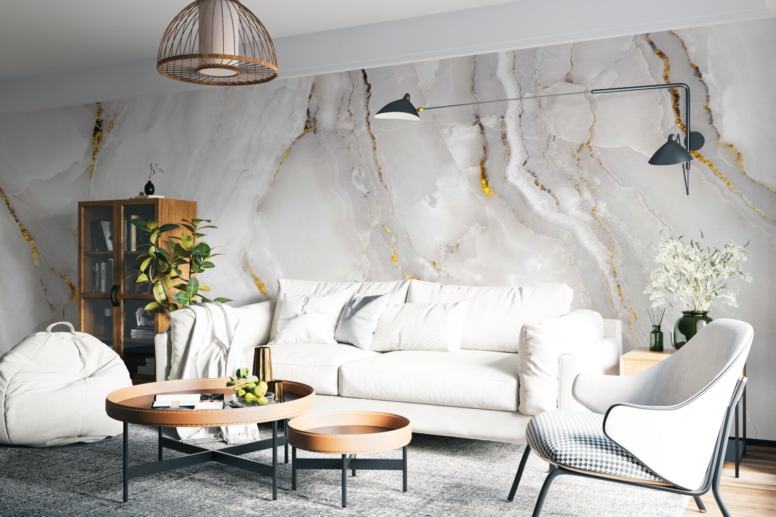 Fototapeta mramor v odtieňoch sivej a bielej so zlatými prvkami
