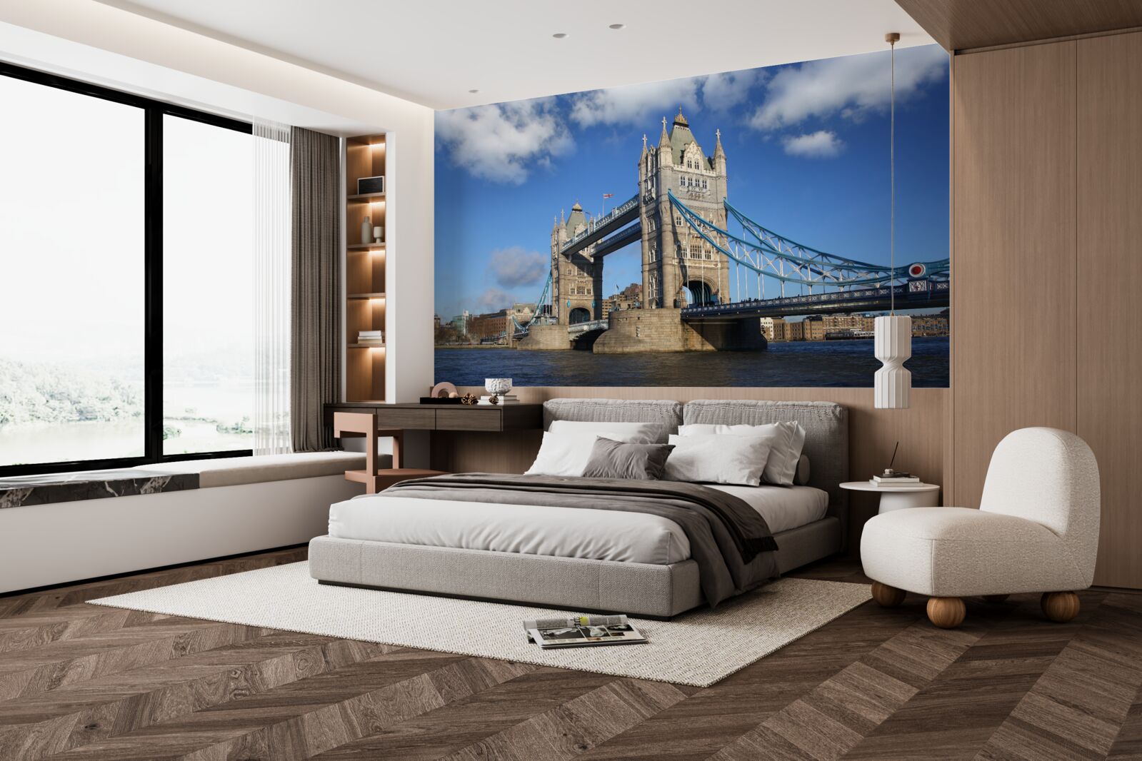 Fototapeta vežový most tiahnuci sa nad pokojnou hladinou rieky