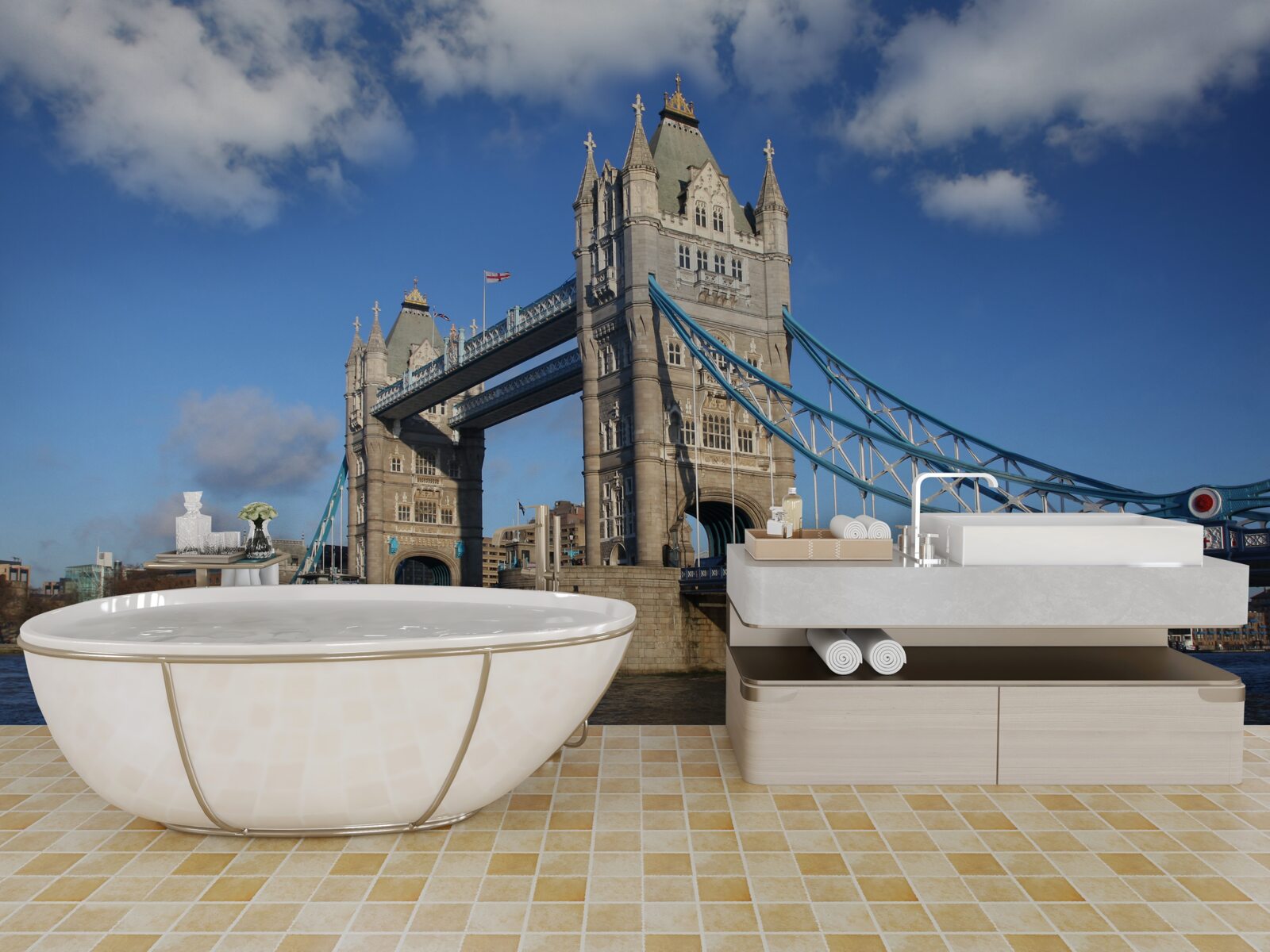 Fototapeta vežový most tiahnuci sa nad pokojnou hladinou rieky