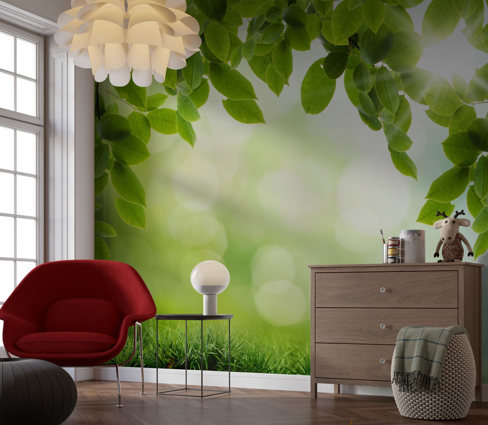 Fototapeta slnko v jeho jase a listy zdobené zelenými kvapkami