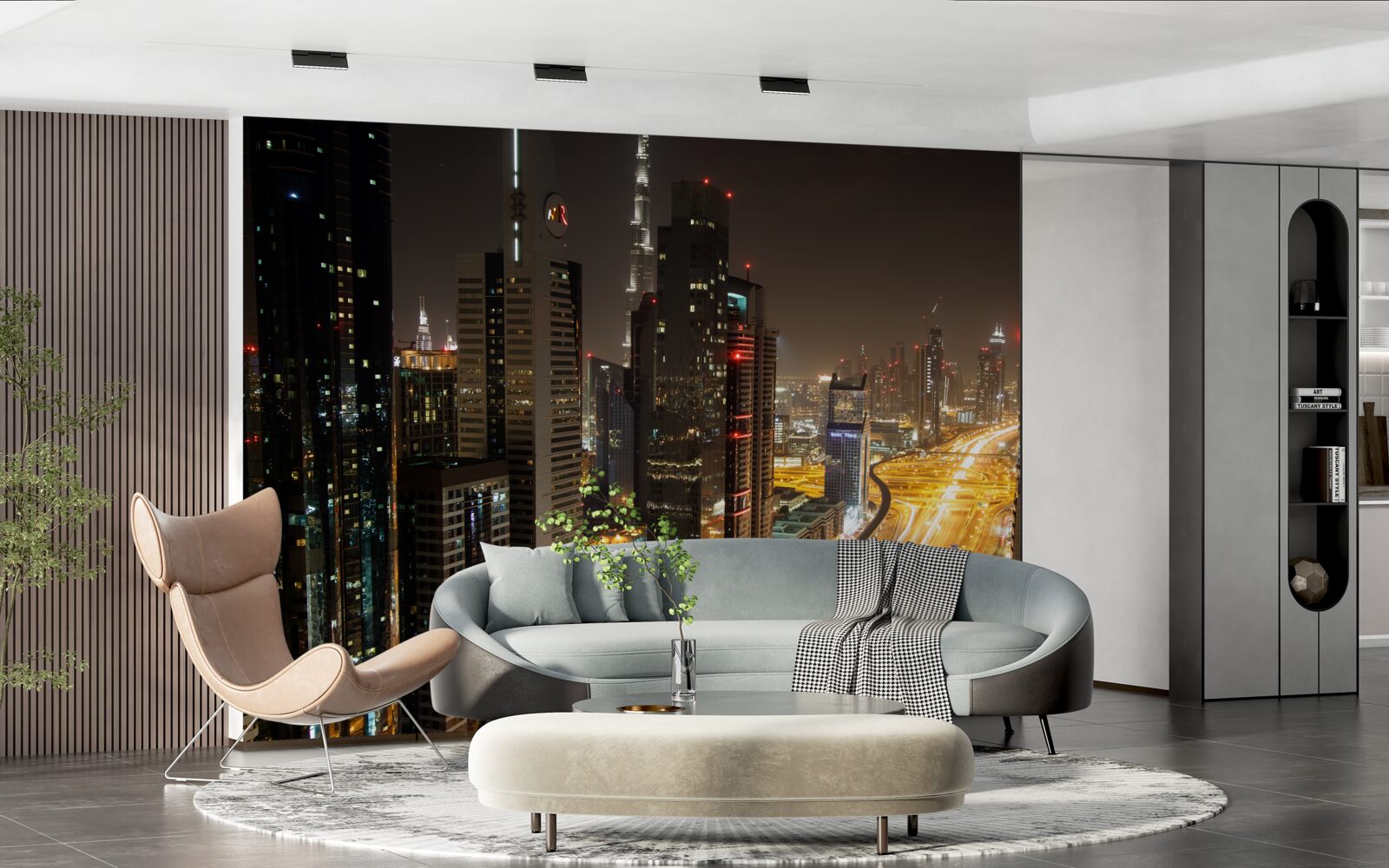 Fototapeta nočnú uličku obklopujú viacposchodové obytné budovy