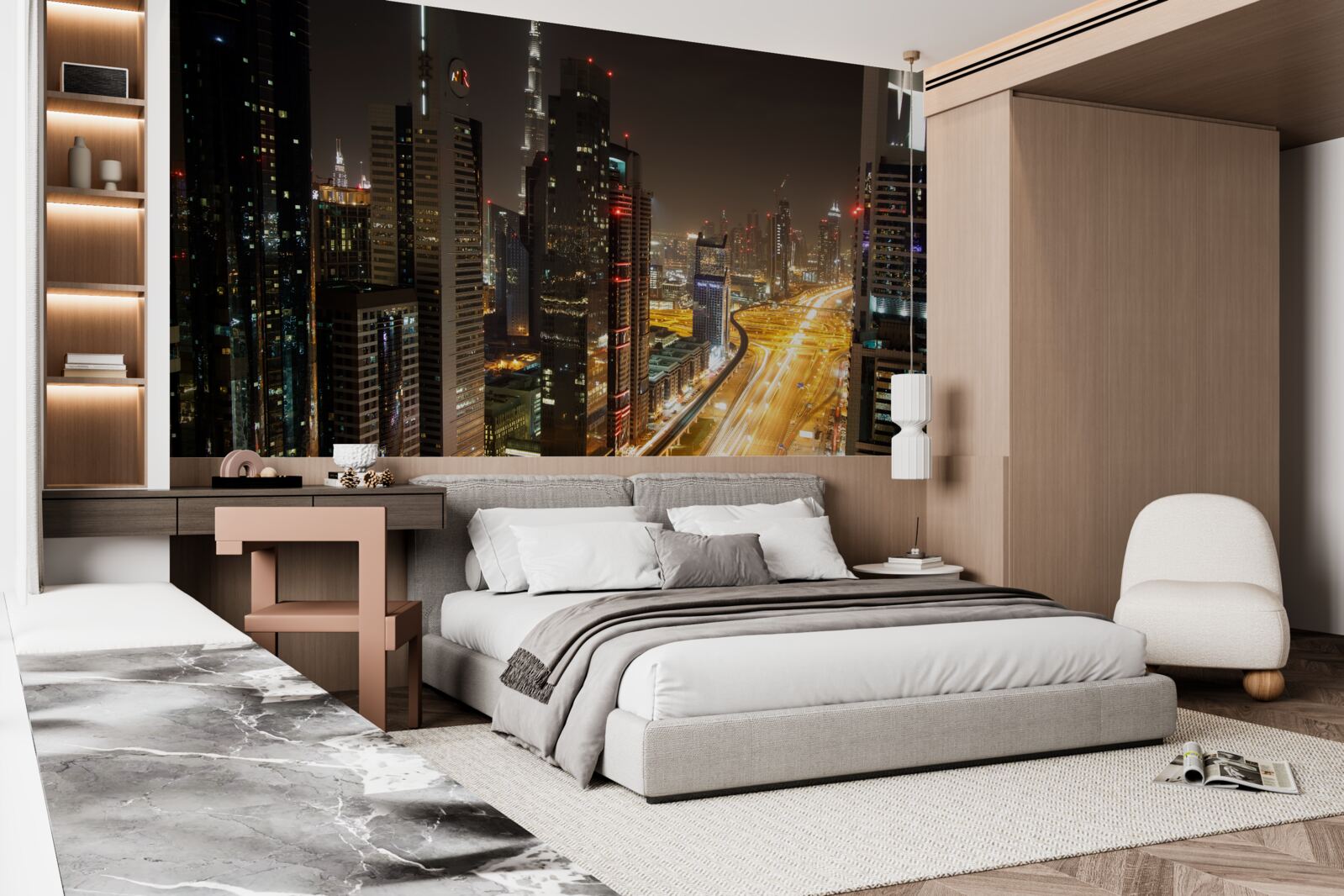 Fototapeta nočnú uličku obklopujú viacposchodové obytné budovy