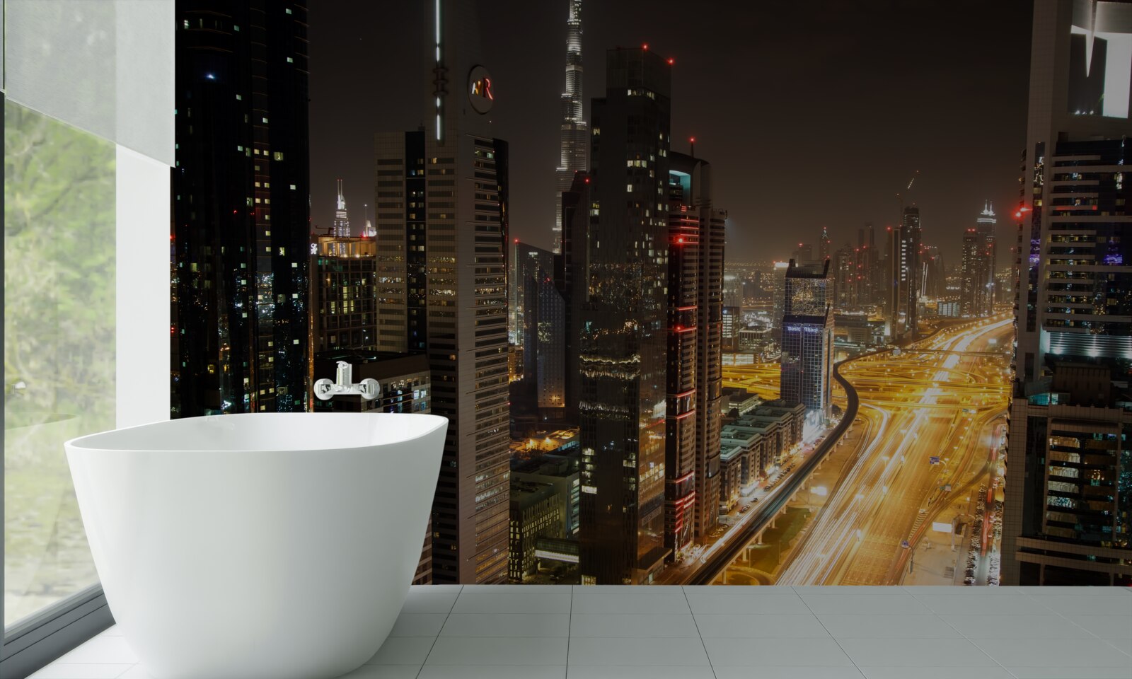 Fototapeta nočnú uličku obklopujú viacposchodové obytné budovy