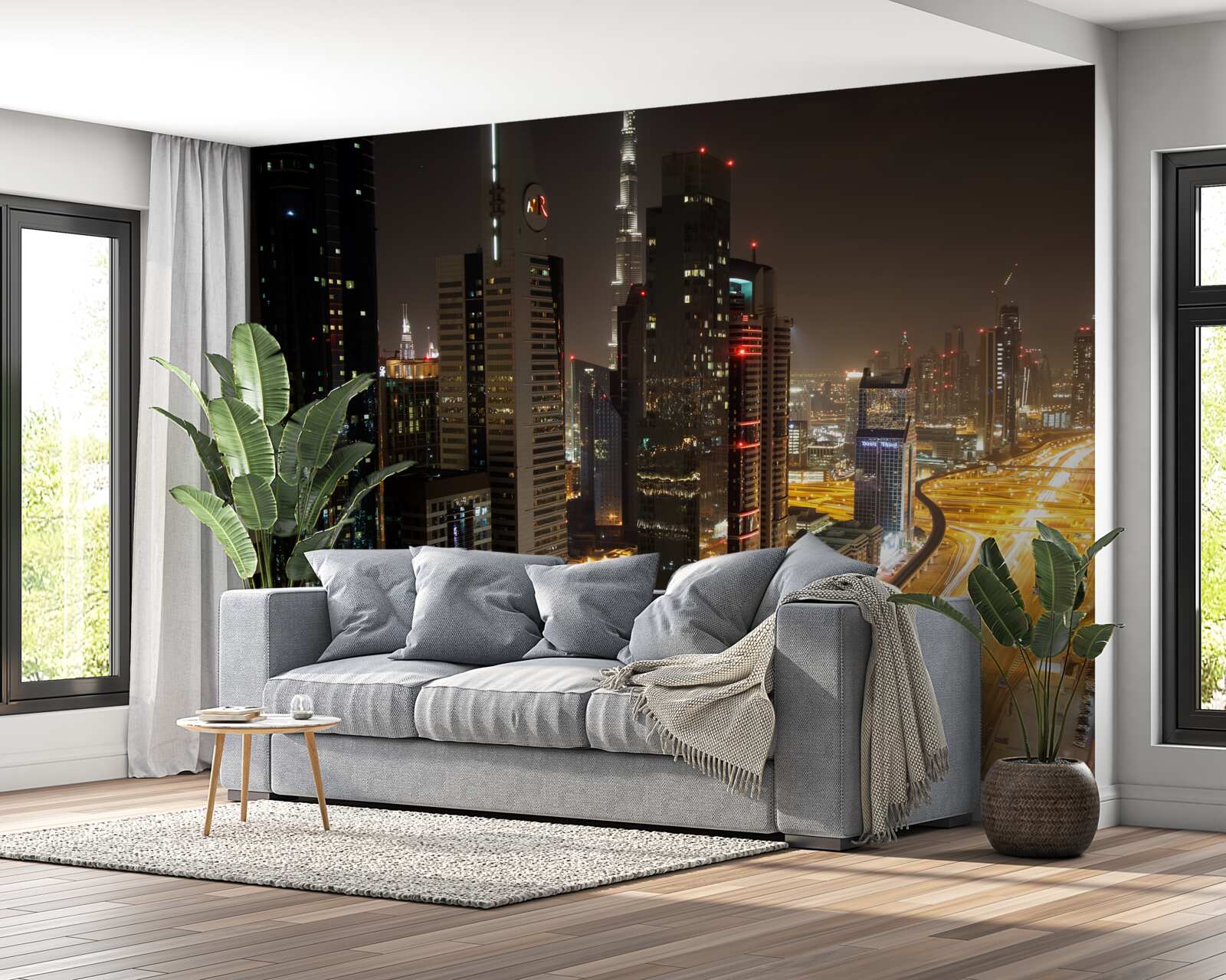 Fototapeta nočnú uličku obklopujú viacposchodové obytné budovy