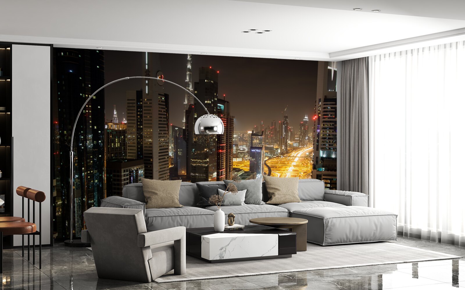 Fototapeta nočnú uličku obklopujú viacposchodové obytné budovy